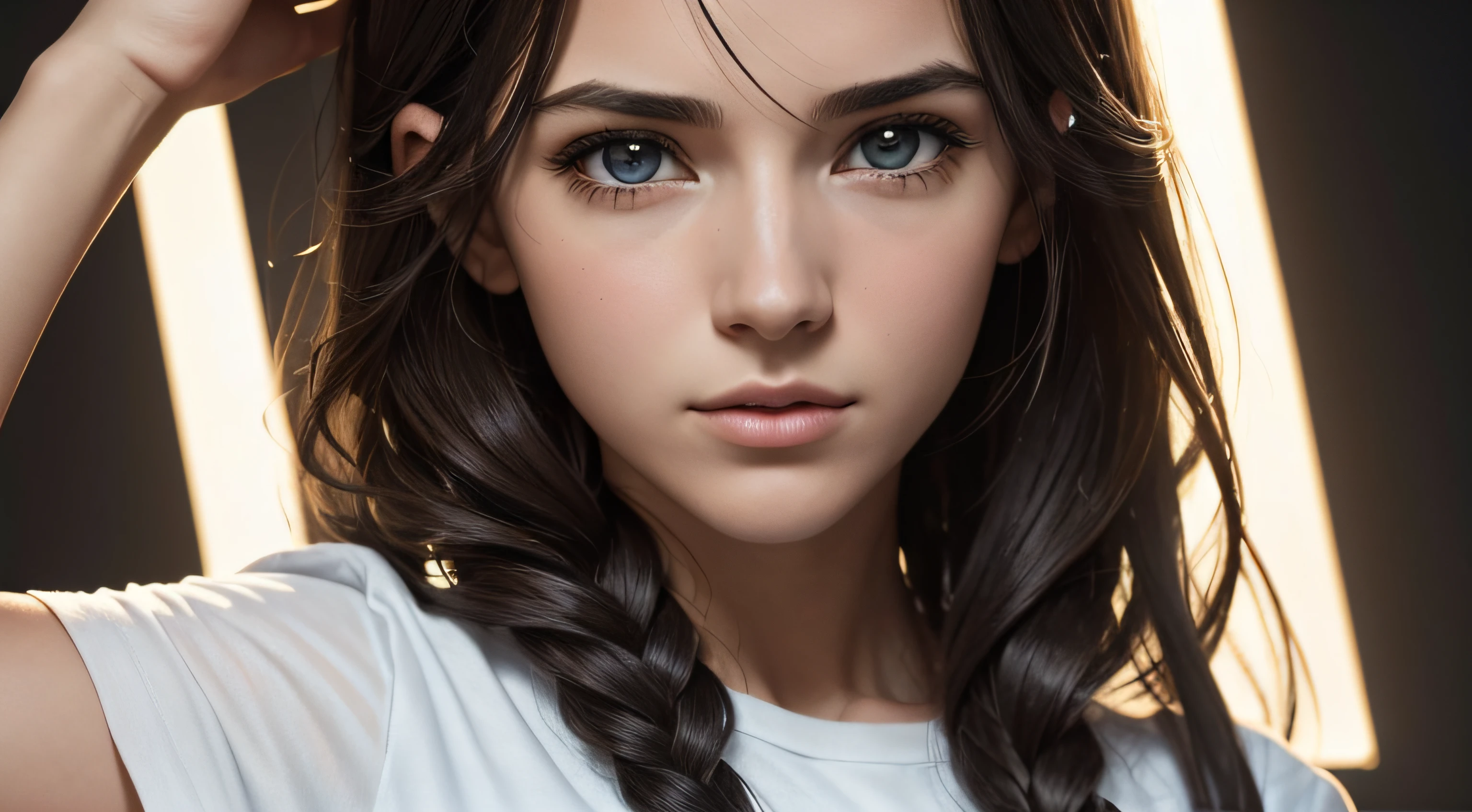 Foto de uma jovem europeia de 20 anos, .RAW, Beautiful woman, trajes steampunk, (cabelos brancos), (Plaits Hair), (cabelos extra longos), ((retrato)), ((Rosto detalhado:1.2)), ((detailed facial features)), (pele finamente detalhada), pale skinned, sobrancelhas grossas arqueadas, nariz fino arqueado, olhos azuis, white cotton t-shirt, (cor fria), humid, humid, Refletores, (master piece) (perfectly proportions)(fotos realistas)(melhor qualidade) (circunstanciado) fotografado em uma Canon EOS R5, Lente 50mm, F/2.8, NFFSW, (8k) (papel de parede) (Cinematic lighting) (dramatic lighting) (foco nítido) (Complicado) moda,