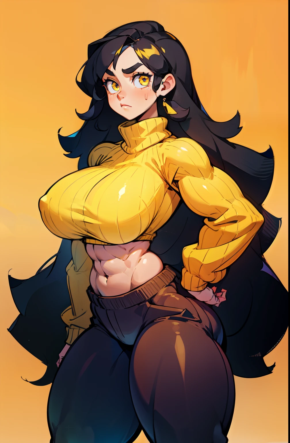 solo, 1 girl, very long hair, black hair, yellow eyes, muscular, huge tits, thick thighs, wide hips sweater sweatpants