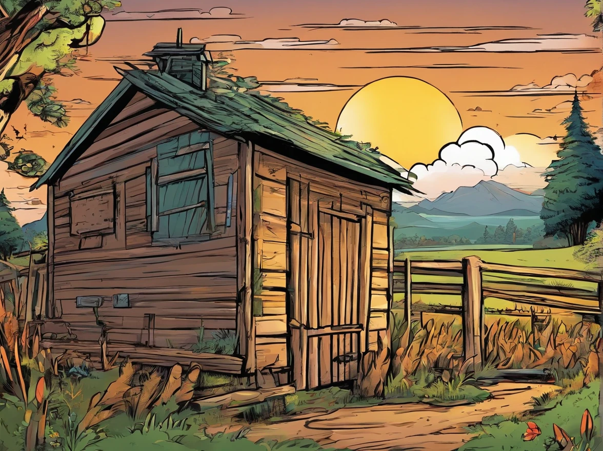 Sunrise view,A fenced hut wrapped in the farm,Some animals are inside the hut,There are some birds in the trees