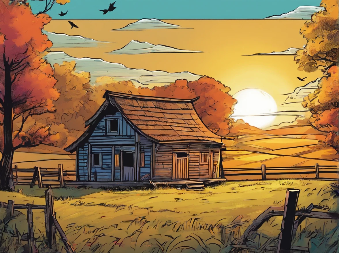 Sunrise view,A fenced hut wrapped in the farm,Some animals are inside the hut,There are some birds in the trees