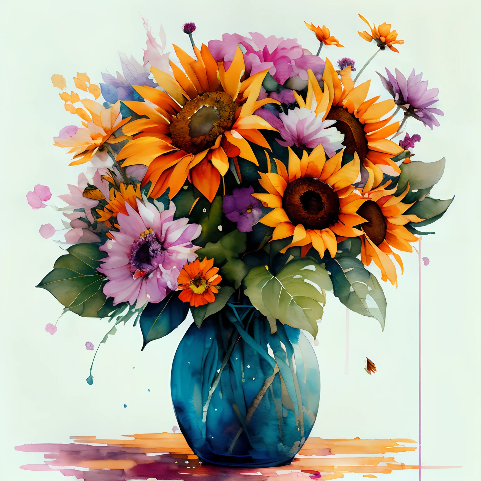 wtrcolor style, Digital art of one vase with flowers, mainly sunflowers, use a high variety of flowers, a lot of different flowers, official art, masterpiece, Beautiful, ((watercolor)), paint splatter, intricate details. Highly detailed, detailed, [dripping:0.5], Trending on artstation, by Rachel Walker, looking like a real painting