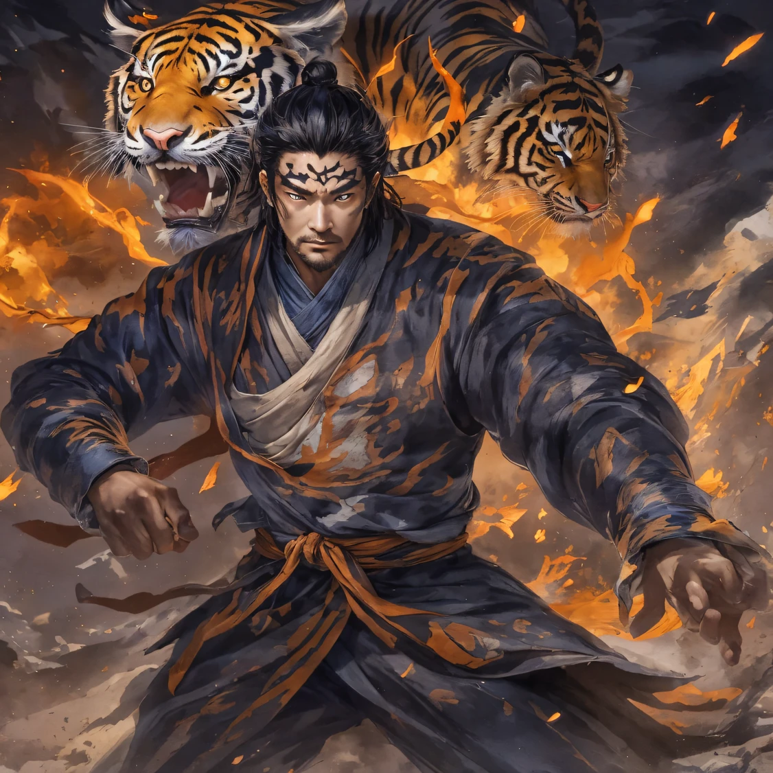 Night Tiger Demon 32K,Phoenix Immortal Demon Realm, Chance encounter with Liu Hanshu, He saw in him his former self, It was decided to take him as an apprentice, Teach him how to protect himself, But because of the Tibetan star map, Phoenix and the Liu family、The Jade Sword Sect establishes relationships, It opens with the death of Liu Hanshu, Qin Yu embarked on the road of confrontation with a strong enemy, Working hard, Make yourself stronger, Stick to your own core path of justice, (Tiger demon)eyes filled with angry,The monitor lizard clenched its fists,Rush up,Deliver a fatal blow to your opponent,full bodyesbian,Full body Night Tiger Demon Male Mage 32K(Masterpiece Canyon Ultra HD)Night Tiger Demon(canyons)Climb the streets, The scene of the explosion(canyons), (Night), The angry fighting stance of the Night Tiger Demon, looking at the ground, Batik linen bandana, Chinese python pattern long-sleeved garment, canyons(Abstract propylene splash:1.2), Dark clouds lightning background,Flour flies(realisticlying:1.4),Black color hair,Flour fluttering,rainbow background, A high resolution, the detail, RAW photogr, Sharp Re, Nikon D850 Film Stock Photo by Jefferies Lee 4 Kodak Portra 400 Camera F1.6 shots, Rich colors, ultra-realistic vivid textures, Dramatic lighting, Unreal Engine Art Station Trend, cinestir 800,Flowing black hair,(((Jungle Canyon)))The wounded lined up in the streets(vale)Climb the streets,Movie master real-time image quality(tmasterpiece,k hd,hyper HD,32K)Night Tiger Demon(Linen batik scarf), Combat posture, looking at the ground, Linen bandana, Chinese night tiger demon pattern long-sleeved clothing,Night Tiger Demon(Abstract gouache splash:1.2), Dark clouds lightning background,sprinkling