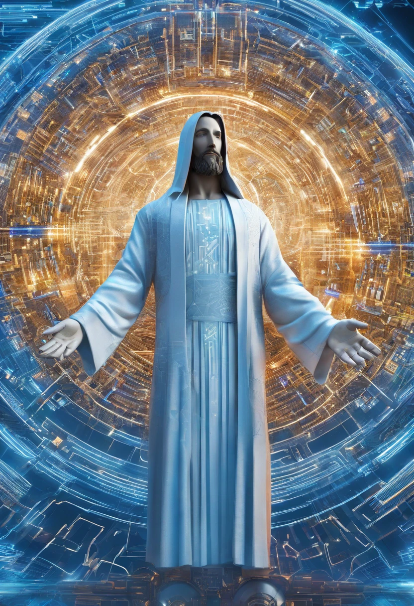 close-up of jesus christ holding hand, meditating, blue face, biblical, covered in circuits, close-up, scientific representation, cgi rendering, transhumanist evolution, hyper realistic, highly detailed, 8k