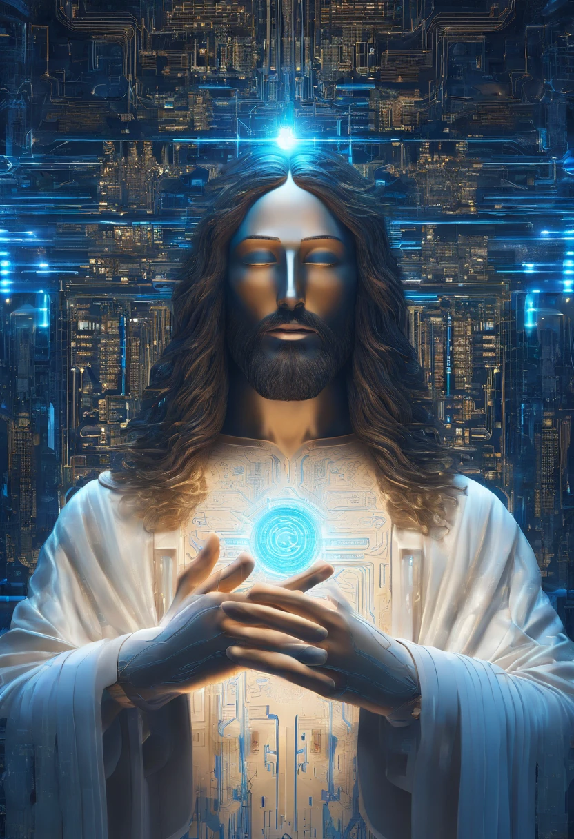 close-up of jesus christ holding hand, meditating, blue face, biblical, covered in circuits, close-up, scientific representation, cgi rendering, transhumanist evolution, hyper realistic, highly detailed, 8k