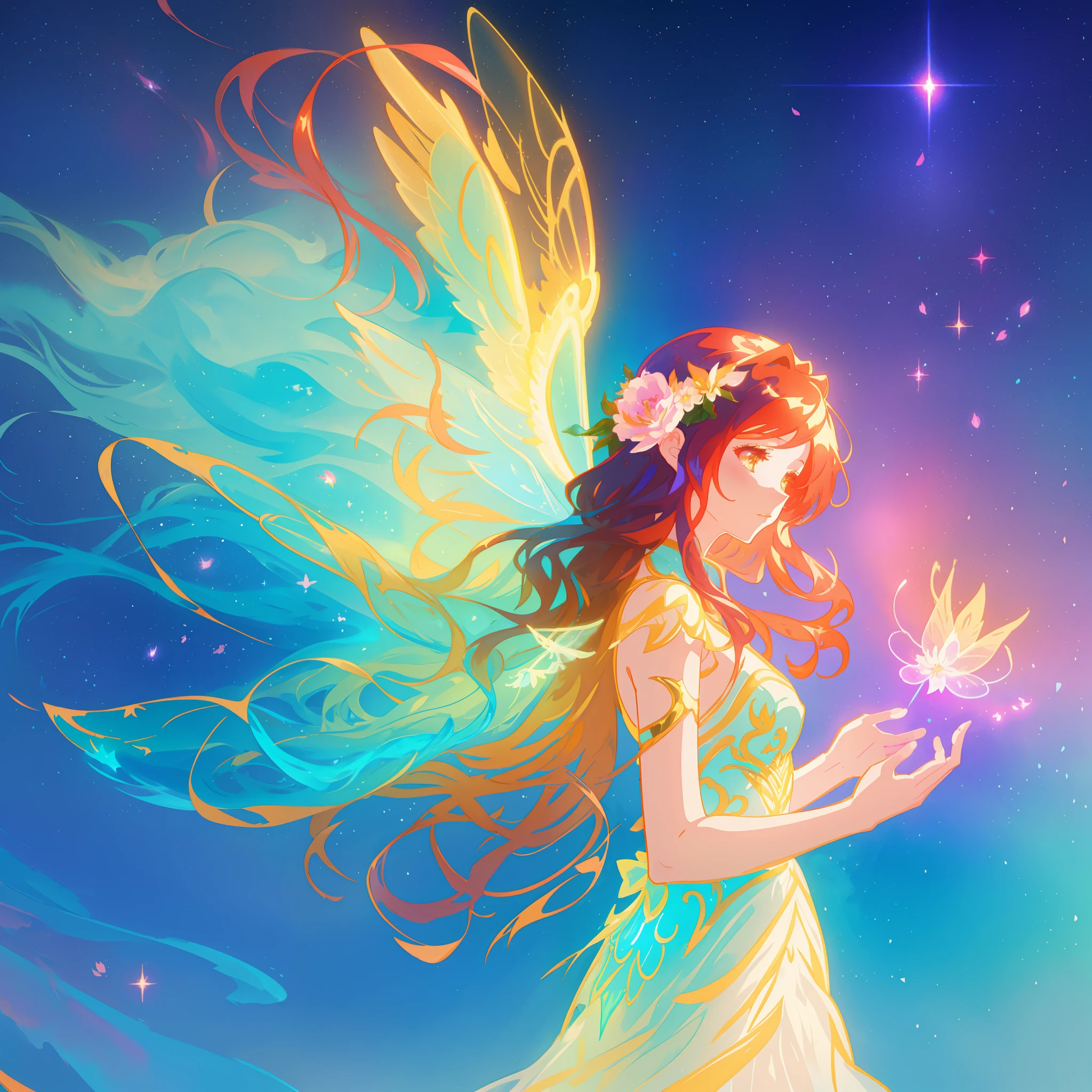 absurdres,ultra detailed,very aesthetic,intricate details,1girl,full body,short skirt,wings, solo, transparent nebula wings, breasts, long hair, looking at viewer, star \(sky\), on sky, starry sky, realistic, nebula, bodypaint, <lora:Again_Style_2:1>