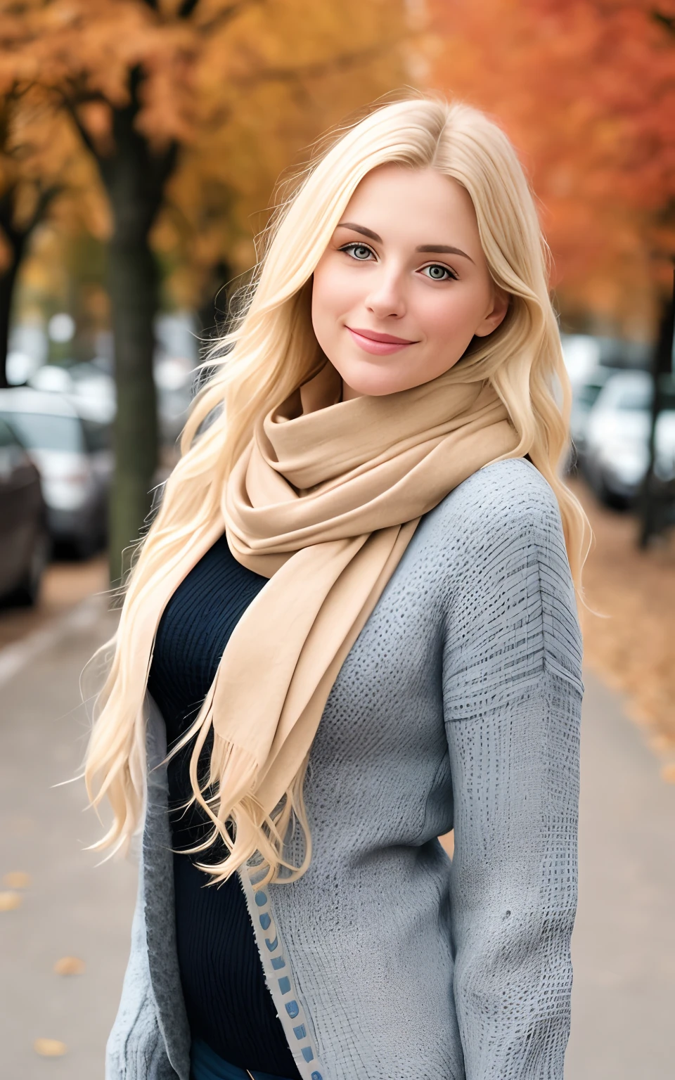 20 year old woman with blonde hair and blue eyes poses for photo, Beautiful blonde woman, Beautiful blonde girl, blond woman in a, Beautie, a photography of a beautiful woman, Smooth Portrait Shots 8K, portrait of a beautiful model, Beautiful smile in full body model pose.face perfect, autumn clothes, scarf, sweater、cleavage of the breast、Show a glimpse、autumn background、Eleanova、moscow、Sharapova、In the street、Cathedral in the back、Film Lighting、Dramatic light