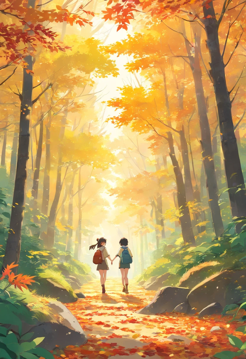 As they explore the forest near the park, imaginez Lisa et Tom marchant main dans la main, leurs pieds craquant sur les feuilles mortes. The sun breaks through the leaves of the trees, creating patches of light that dance on the forest floor. Les deux amis se baissent pour observer un groupe d'insectes curieux, with vibrant colours, qui se faufilent le long d'un tronc d'arbre. They pick up autumn-hued leaves and smooth, colorful pebbles, creating a natural treasure in their hands.