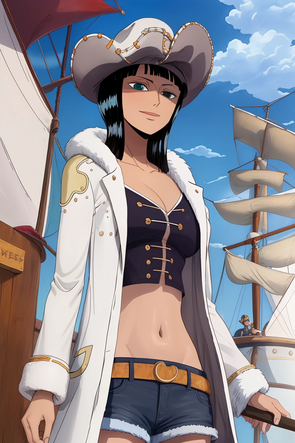 1girl,nico robin,cowboy shot,mature female,light smile,medium hair,large breasts,hat,white coat,short shorts ,  belt,midriff,on pirate ship