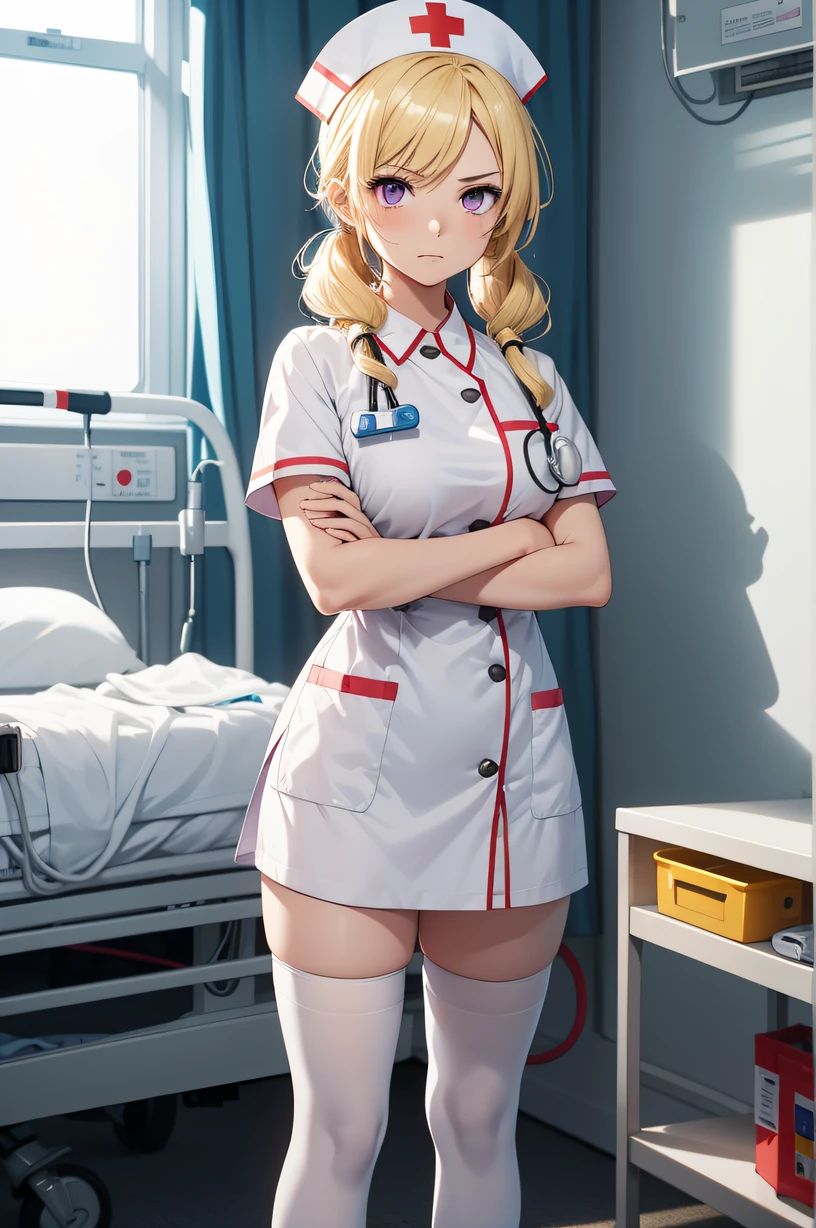 1woman, solo, nurse, white nurse cap, white nurse uniform, ((white legwear, zettai ryouiki)), white gloves, blonde hair, blue eyes, pink lips, smile, standing, ((hospital room)), sharp outline, short sleeves, mature female, 35 years old, best quality, masterpiece