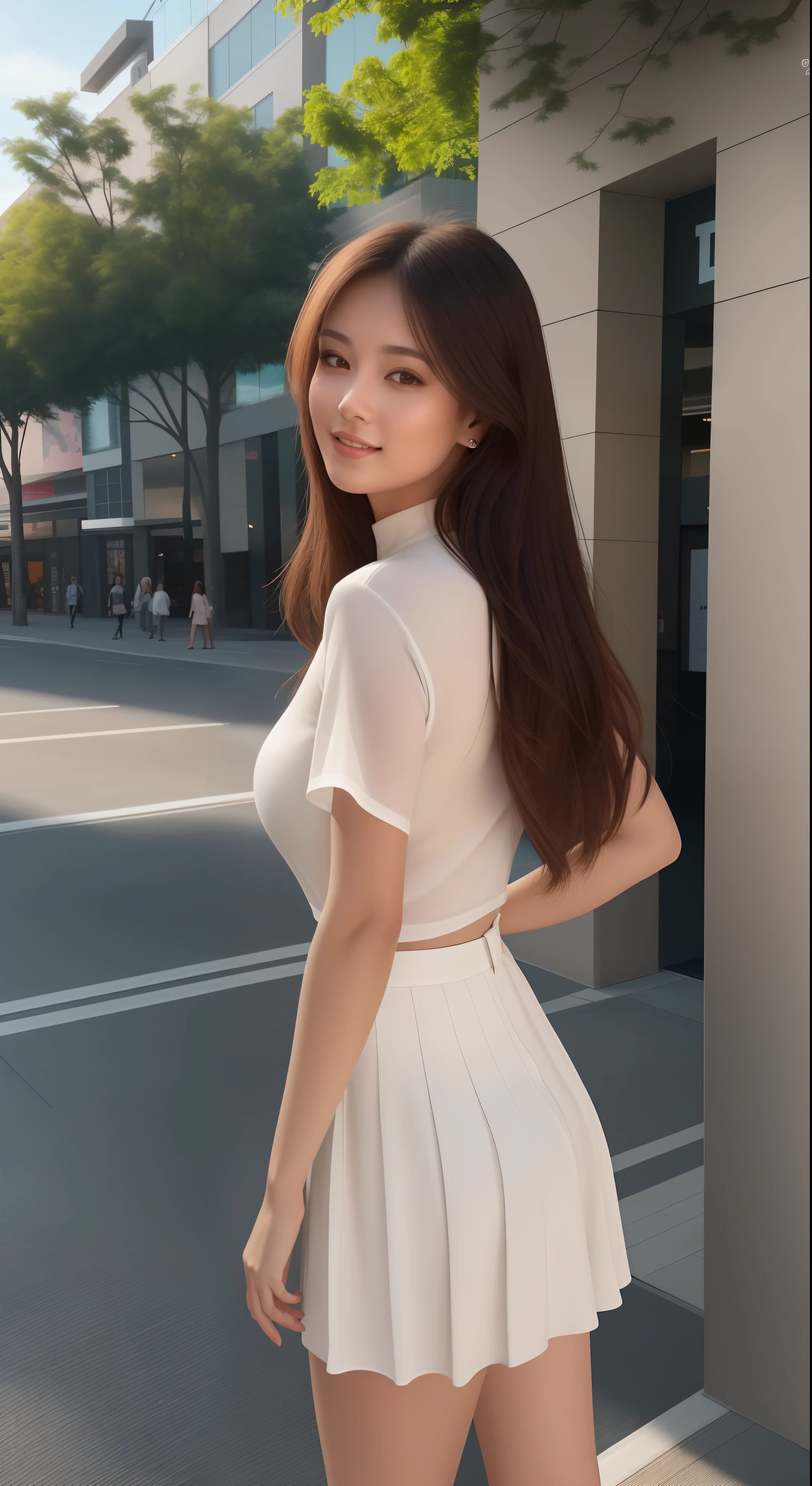A woman strolling in a shopping mall's pedestrian street, with the woman centered in the frame. The image is captured with a large aperture, ensuring that both her face and legs are in focus. The photo is taken in natural sunlight, with soft shadows and vibrant colors. Shot using a Canon EOS 5D Mark IV, the image features side lighting, with sunlight filtering through the leaves. The woman's facial makeup is clearly visible, as are the details of the brown pleated skirt. Her breasts are full and round, adding a touch of sensuality to the image.