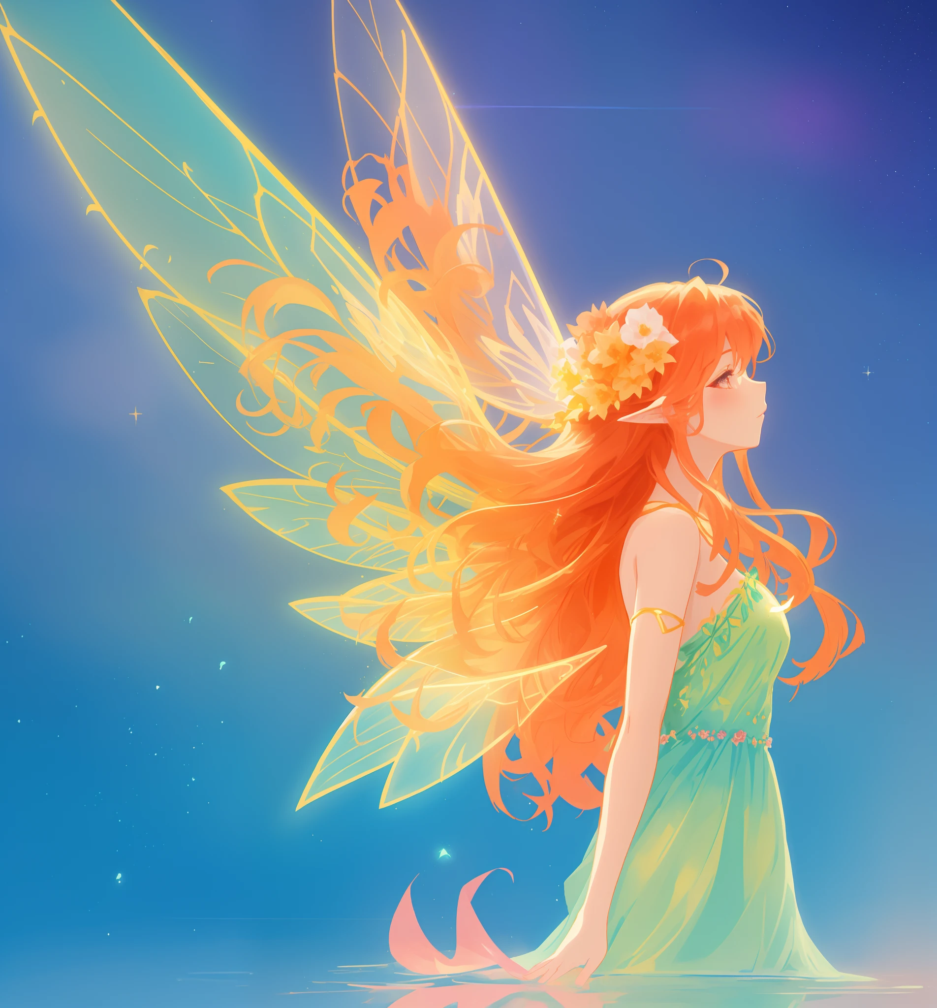 beautiful girl in flowing ballgown dress, (glowing fairy wings), glowing flowing ballgown, long wavy hair, sparkling fairy wings, watercolor illustration, flowers and colorful plants, inspired by Glen Keane, inspired by Lois van Baarle, disney art style, by Lois van Baarle, glowing aura around her, by Glen Keane, jen bartel, glowing lights! digital painting, flowing glowing hair, glowing flowing hair, beautiful digital illustration, fantasia otherworldly landscape plants flowers, beautiful, masterpiece, best quality, anime disney style