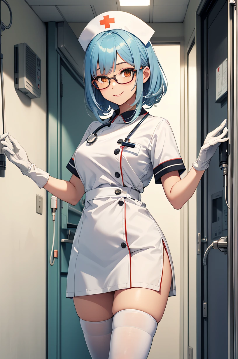 1girl, solo, nurse, nurse cap, white nurse uniform, ((white legwear, zettai ryouiki)), white gloves, glasses, blue hair, orange eyes, smile, standing, ((hospital room)), sharp outline, short sleeves, best quality, masterpiece