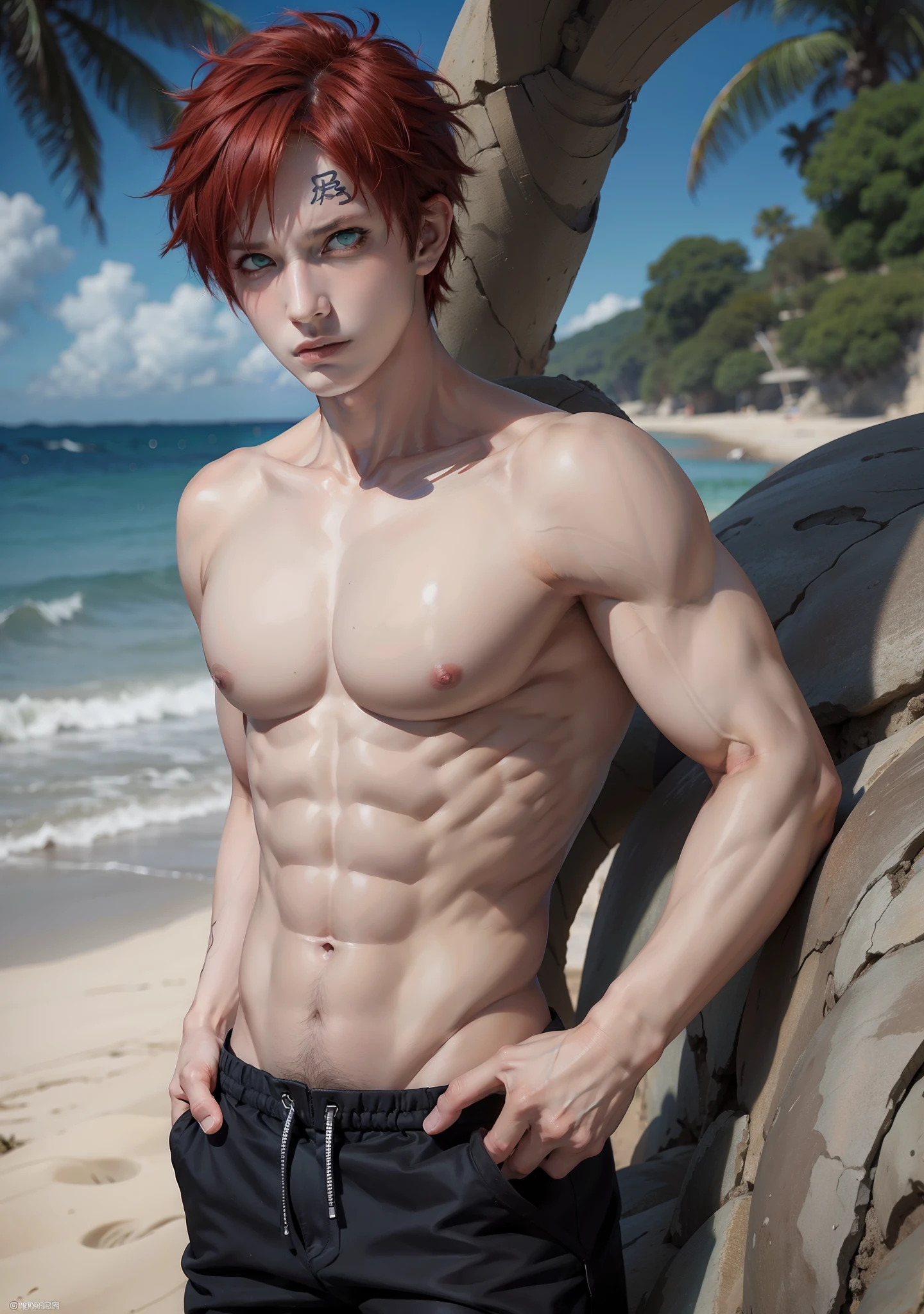 1male, gaara in anime naruto, short hair , red hair, green eyes, handsome,  beach background, ultra detail, shirtless, naked body, toned muscle, pectorals, abs, better eyes,