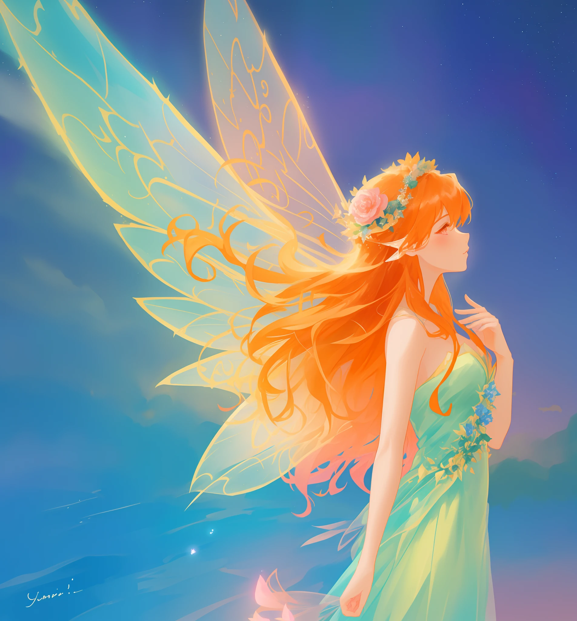 beautiful girl in flowing ballgown dress, (glowing fairy wings), glowing flowing ballgown, long wavy hair, sparkling fairy wings, watercolor illustration, flowers and colorful plants, inspired by Glen Keane, inspired by Lois van Baarle, disney art style, by Lois van Baarle, glowing aura around her, by Glen Keane, jen bartel, glowing lights! digital painting, flowing glowing hair, glowing flowing hair, beautiful digital illustration, fantasia otherworldly landscape plants flowers, beautiful, masterpiece, best quality, anime disney style