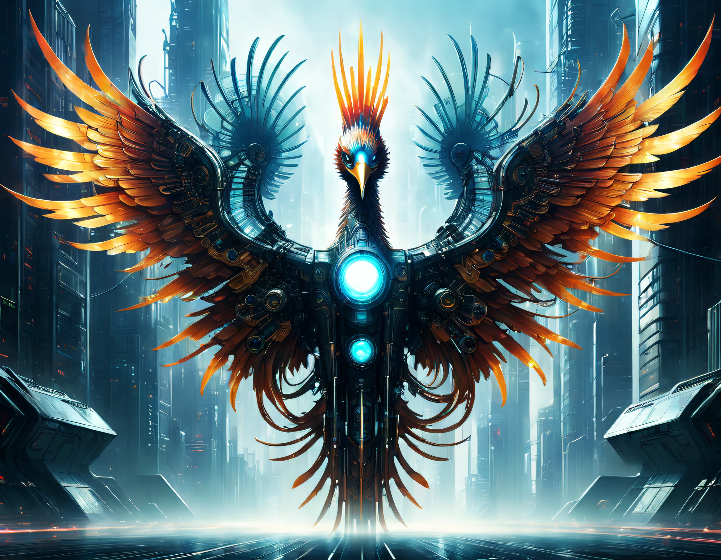 Translucent ethereal mechanical phoenix，Futuristic Phoenix，Mechanical wings，futuristic urban background，Beautiful sci-fi art, Science-fi digital art illustration, Digital cyberpunk art, science fiction digital painting, futuristic digital painting, futuristic concept art, in front of a sci fi cityscape, science fiction digital art, Advanced digital cyberpunk art, Fantastic cyberpunk phoenix