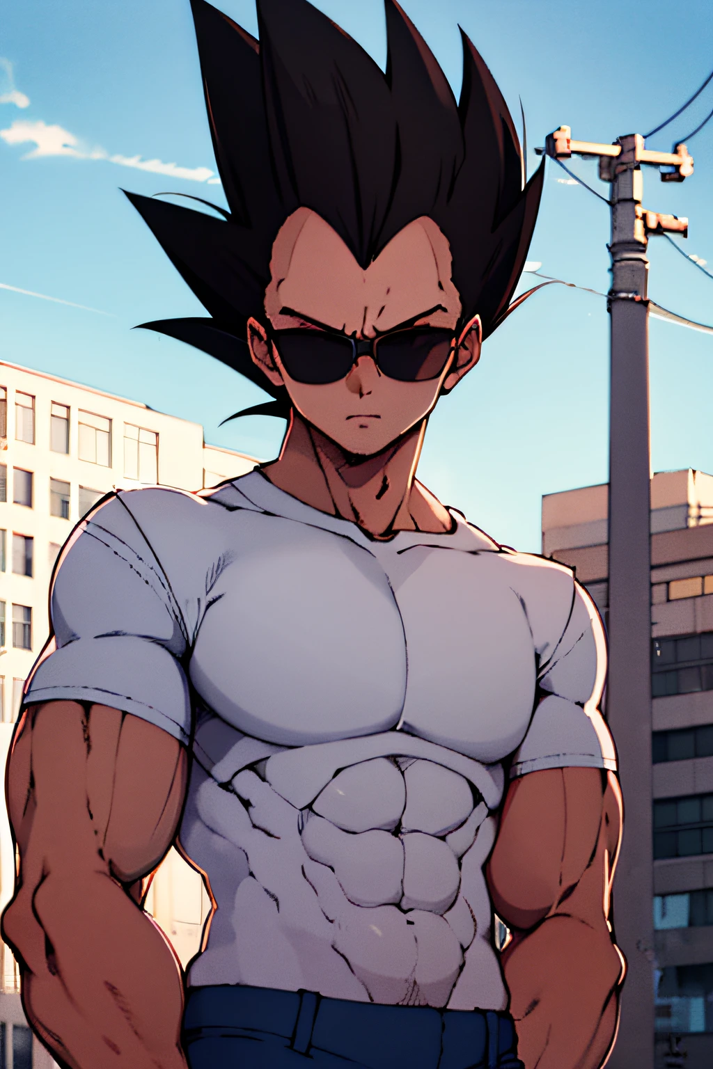 1boy ,solo, detailed eyes, masculine face, urban area , modern building , sunglasses, vast blue sky, clouds, black hair, morning, sunny, spiked hair, vegeta, pink short sleeve shirt, muscular male, detailed background,