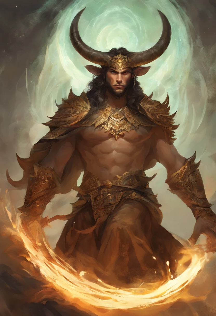Um majestoso Minotauro, with an imposing Woman's head adorned with deep spiral horns, olhos expressivos, atletic, vestes rasgadas. The bull's skin is dark brown and covered by a thin, pelagem curta. He's on his feet, Pronto para a Batalha, a large axe in one hand and a determined expression on his face.