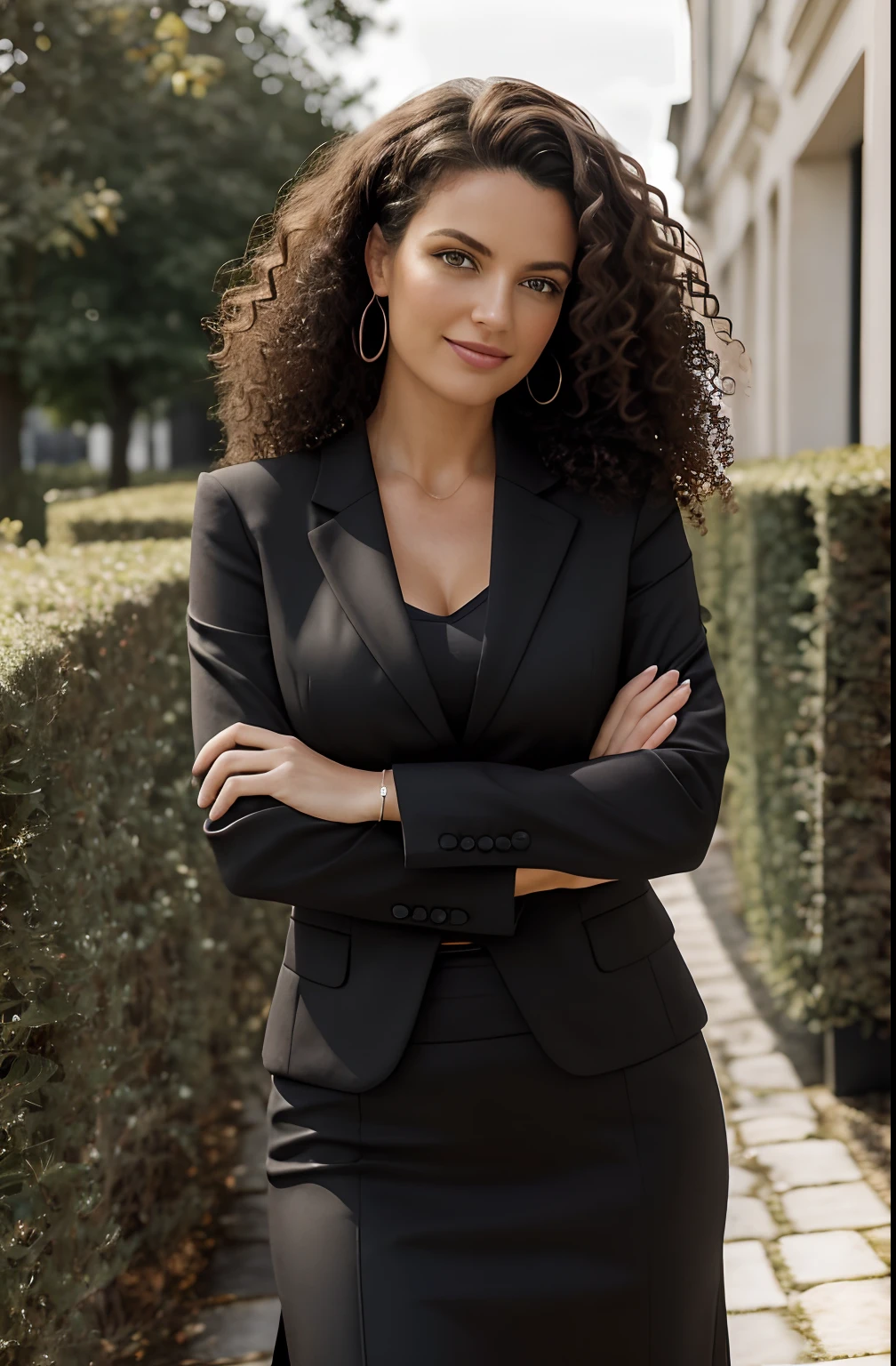 1 femme adulte, cheveux longs, curly hair, cheveux de couleur noire, peau lisse, yeux bruns, sourire, vegetation, Occasionnel, Business women's style clothing, Blaser brun clair, Realstic, with experience in a tourist location, Super realistic 8k, Super detailed and realistic