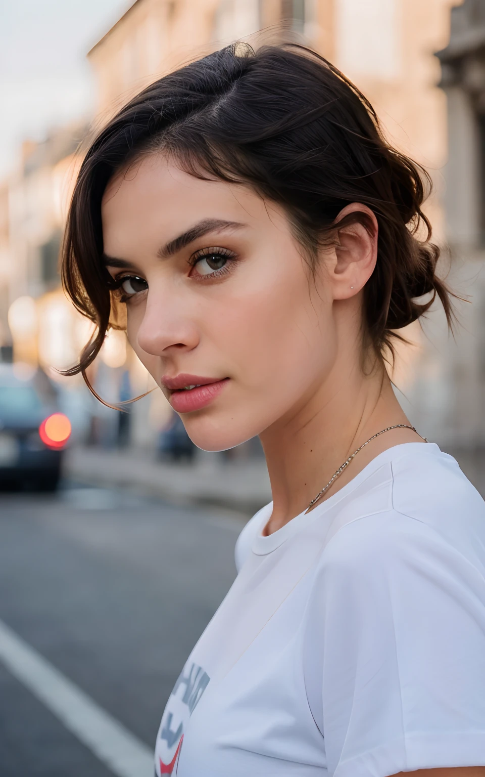 Brunette girl wearing white tshirt, highly detailed, 30 year old, visage innocent, highly detailed, mise au point nette, detailed skin, Realistic skin texture, Texture, detailled eyes, Professionnel, 4K, 85 mm, Light depth of field, Kodak Vision Couleur, perfect fit body, extremly detailed, photographier_\(ultra\), photographierRealstic, Realstic, Post-traitement, maximum details, roughness, real life, ultrarealistic, photorealism, 8K, street