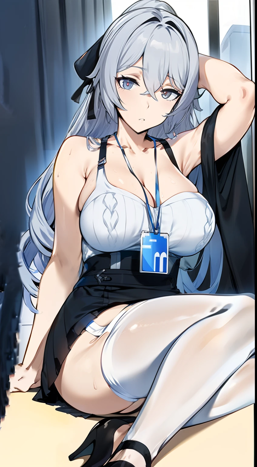 2D, HD, Detailed details, top-quality, ultra-detailed, Highly detailed, masterpiece, best quality, high res, solo, 1girl, bronya-OL2, solo, thighband pantyhose, id card, full body, high heels, high-waist skirt, ribbed sweater, office, indoors, depth of field, looking at the viewer, anime-styled, (large breasts), expressionless, close mouth, shiny skin, ((hand over head)), bare_shoulders, sitting, armpit, gray hair, arms_up,