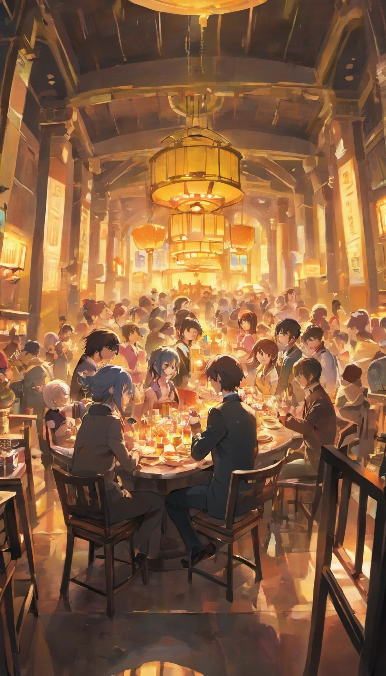 A scene of a group of good friends toasting and drinking，The wine table next to it extends to the Chinese-style building bar in the middle of the picture，Surrounded by modern high-rise buildings，C4D，fisheyelens，Perspective effect，Hyper-detailing，Advertising design，Illustration style