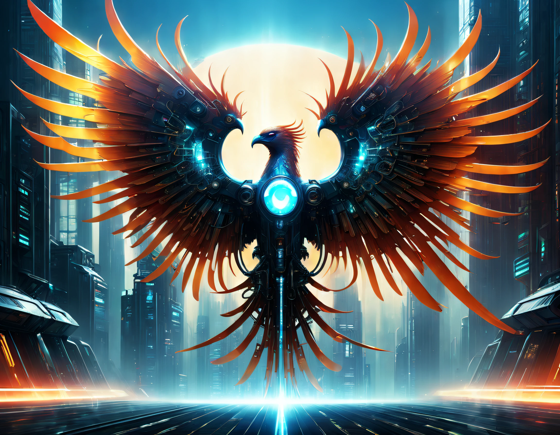 Translucent ethereal mechanical phoenix,Futuristic Phoenix,Mechanical wings,futuristic urban background,Beautiful sci-fi art, Science-fi digital art illustration, Digital cyberpunk art, science fiction digital painting, futuristic digital painting, futuristic concept art, in front of a sci fi cityscape, science fiction digital art, Advanced digital cyberpunk art, Fantastic cyberpunk phoenix