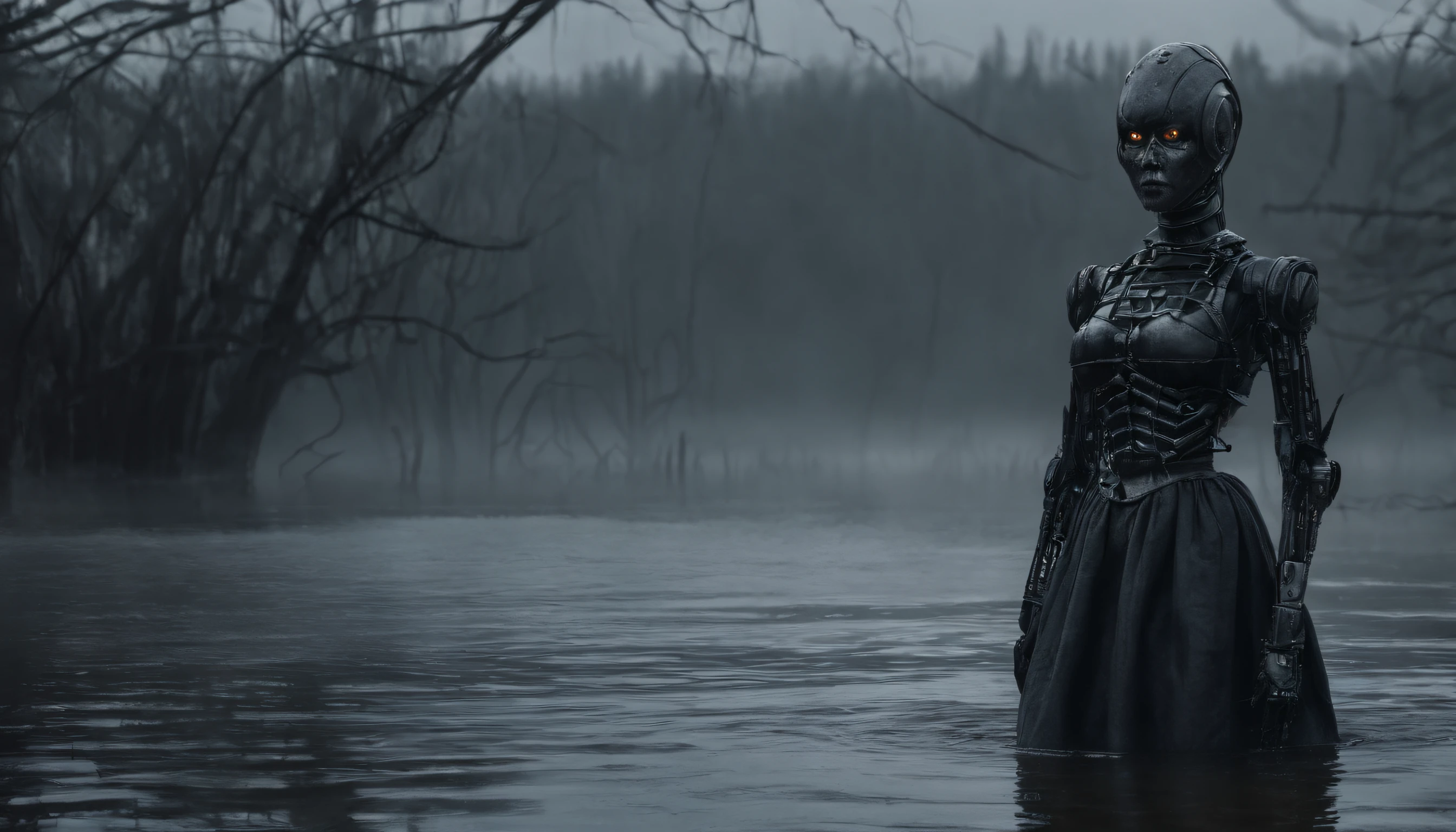 Female android posing for a photo in a river, robot woman, half body in the water, foggy marsh background, dark, creepy, ultra detailed, masterpiece.