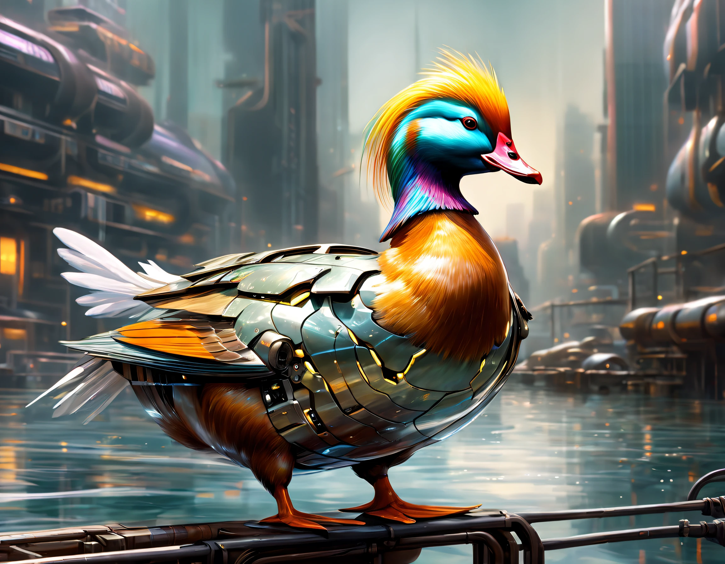 Translucent ethereal mechanical mandarin duck in water，Futuristic Mandarin Duck，Mechanical mandarin duck swimming，Mandarin ducks made entirely of small metal parts，futuristic urban background，Beautiful sci-fi art, Science-fi digital art illustration, Digital cyberpunk art, science fiction digital painting, futuristic digital painting, futuristic concept art, in front of a sci fi cityscape, science fiction digital art, Advanced digital cyberpunk art, Fantastic cyberpunk mandarin ducks