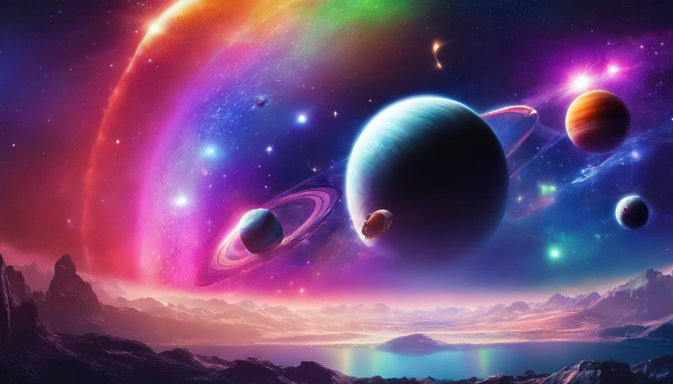 Paisagem fantastica em um planeta estrangeiro, a bright rainbow and planets with rings in the sky