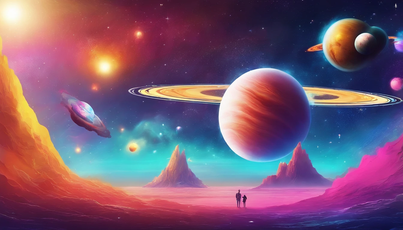 Paisagem fantastica em um planeta estrangeiro, a bright rainbow and planets with rings in the sky