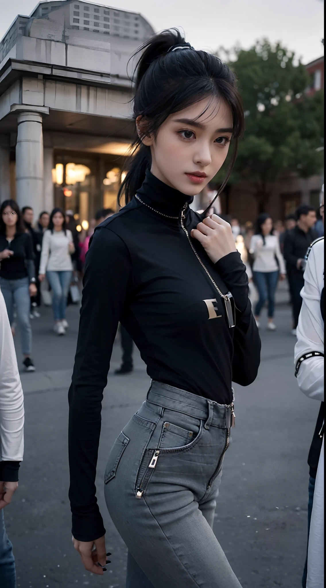 (shoulder length straight short black hair: 1.3), （Extremely meticulous CG 8k wallpaper），（Extremely refined and beautiful），（Masterpiece），（best qualtiy：1.0），（Ultra High Resolution：1.0），beautiful light up，Perfect lightning，realistic shaded，[A high resolution]，Smooth and flawless fair skin，Extremely exquisite facial details，（perfect body：1.1），ultra - detailed，A beautiful girl,small head,(short ponytail:1.2),(Small breasts:1.1),Flat chests，slim，thin，Smile，cheerfulness,(Dark grey long sleeved high neck T-shirt with zipper:1.5),(Loose and bulky jeans:1.3),Slender legs,(white sneakers:1.2),(nightfall:1.5),Sunset light,(Surrounded by a crowded crowd:1.5),At the school gate,standing,upper body,close shot