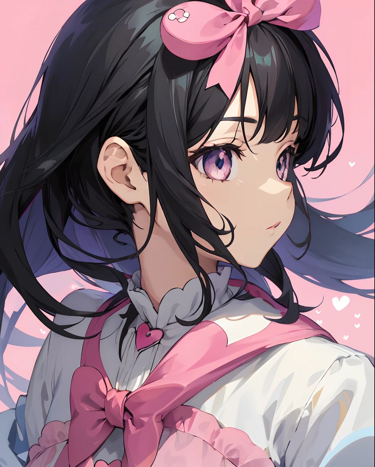 imagem de uma garota de anime para foto de perfil, cabelos pretos, olhos cor-de-rosa, kawaii, Roupa kawaii, Heart bowed in your head, Kawaii History