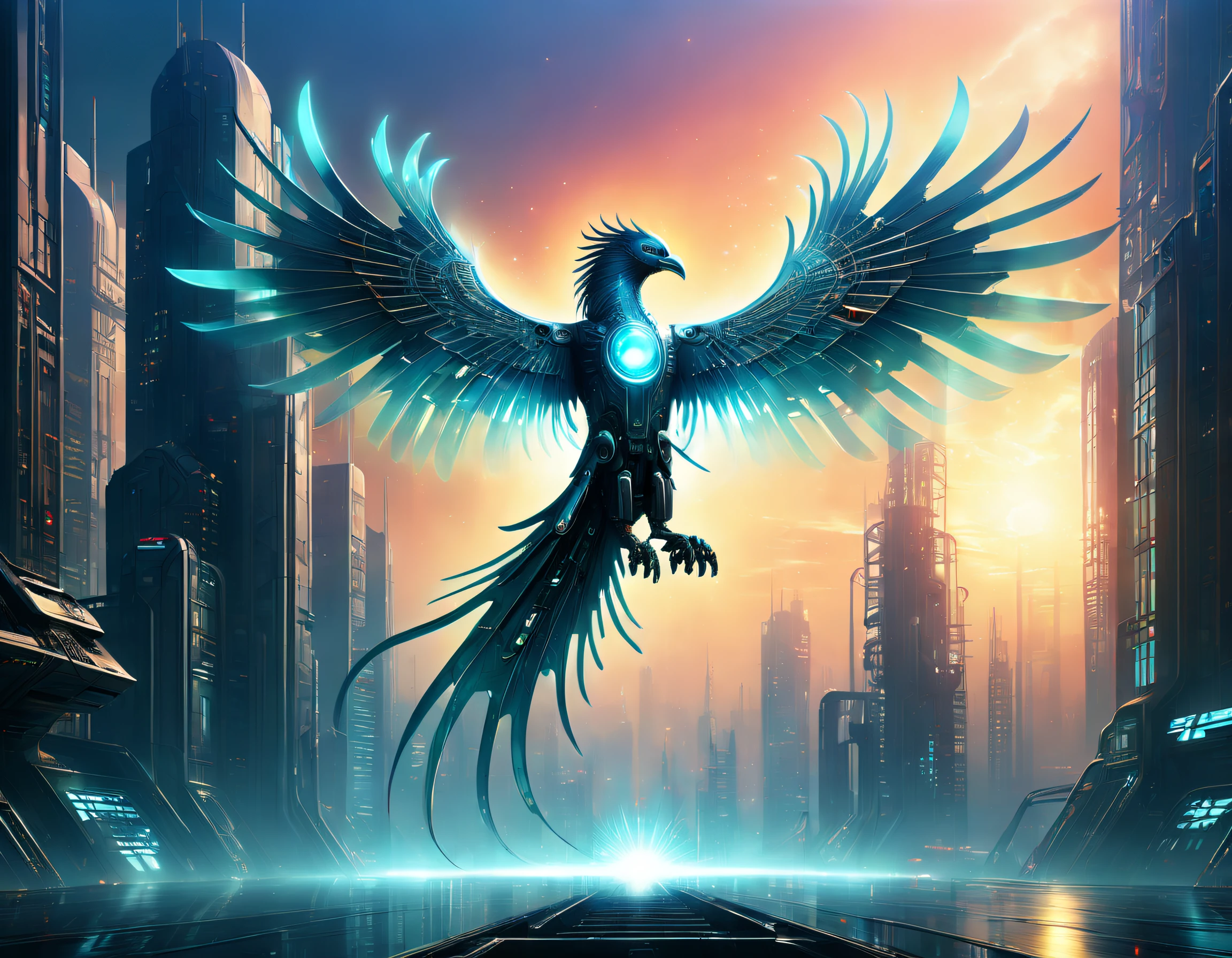 Translucent ethereal mechanical phoenix,Futuristic Phoenix,Mechanical wings,futuristic urban background,Beautiful sci-fi art, Science-fi digital art illustration, Digital cyberpunk art, science fiction digital painting, futuristic digital painting, futuristic concept art, in front of a sci fi cityscape, science fiction digital art, Advanced digital cyberpunk art, Fantastic cyberpunk phoenix