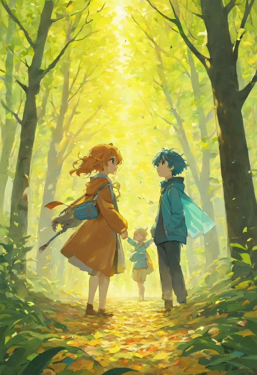 As they explore the forest near the park, imaginez Lisa et Tom marchant main dans la main, leurs pieds craquant sur les feuilles mortes. The sun breaks through the leaves of the trees, creating patches of light that dance on the forest floor. Les deux amis se baissent pour observer un groupe d'insectes curieux, with vibrant colours, qui se faufilent le long d'un tronc d'arbre. They pick up autumn-hued leaves and smooth, colorful pebbles, creating a natural treasure in their hands.