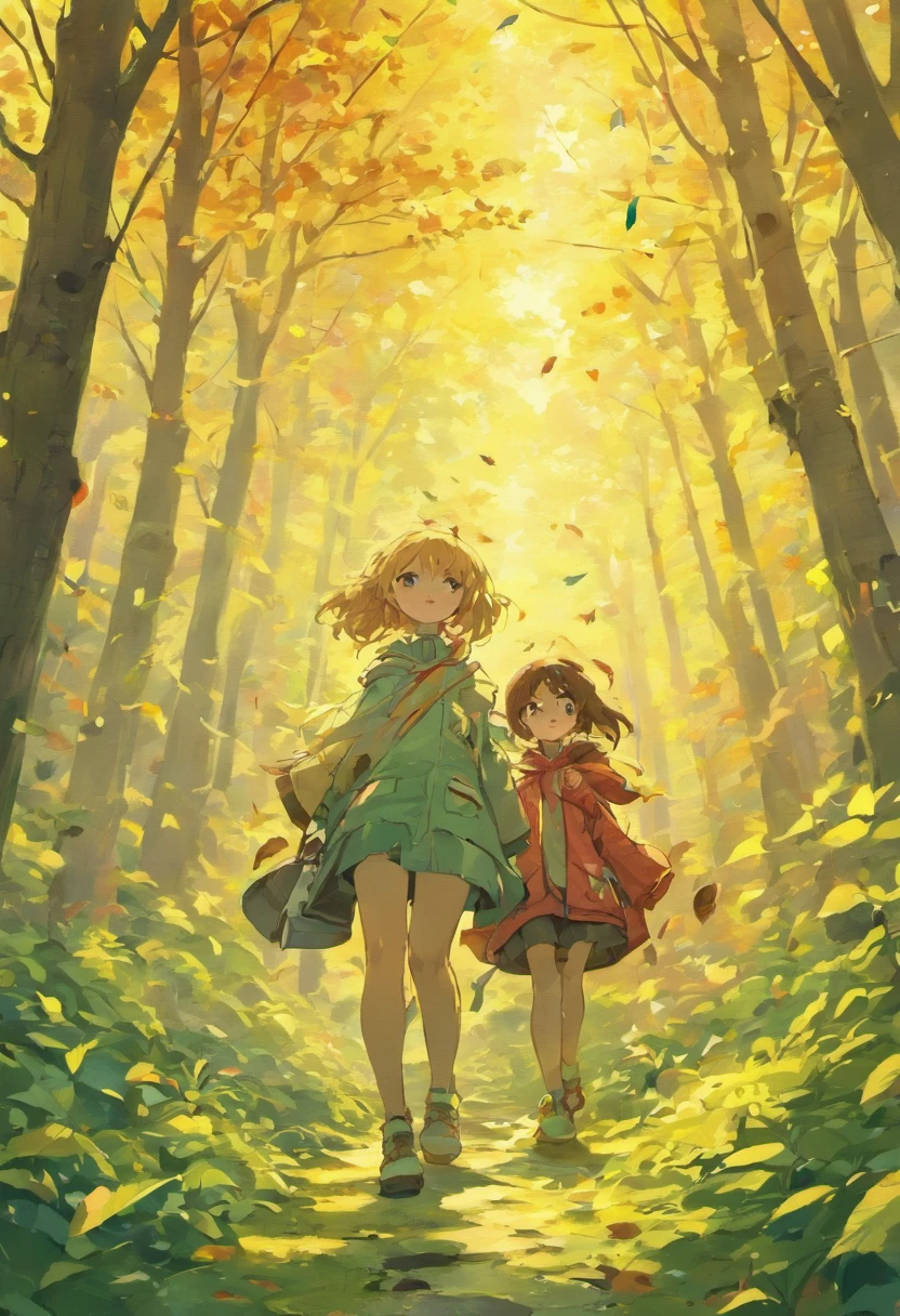 As they explore the forest near the park, imaginez Lisa et Tom marchant main dans la main, leurs pieds craquant sur les feuilles mortes. The sun breaks through the leaves of the trees, creating patches of light that dance on the forest floor. Les deux amis se baissent pour observer un groupe d'insectes curieux, with vibrant colours, qui se faufilent le long d'un tronc d'arbre. They pick up autumn-hued leaves and smooth, colorful pebbles, creating a natural treasure in their hands.