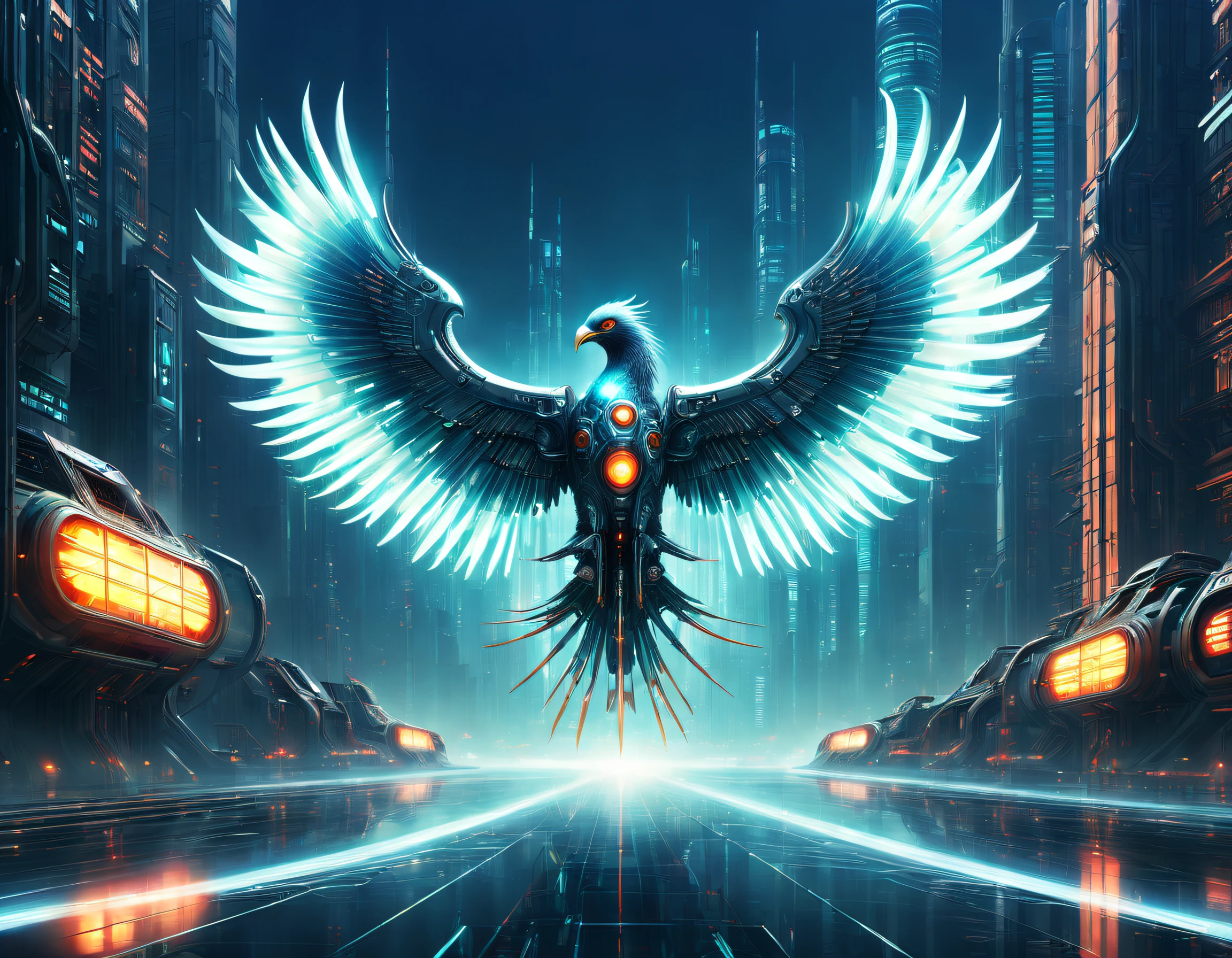 Translucent ethereal mechanical phoenix,Futuristic Phoenix,Mechanical wings,futuristic urban background,Beautiful sci-fi art, Science-fi digital art illustration, Digital cyberpunk art, science fiction digital painting, futuristic digital painting, futuristic concept art, in front of a sci fi cityscape, science fiction digital art, Advanced digital cyberpunk art, Fantastic cyberpunk phoenix