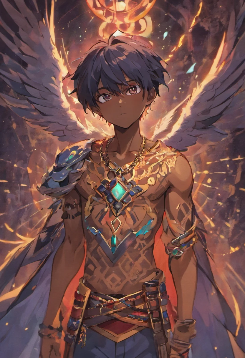 1boy, hero, full body, anime, darker skin, big studded blue magic necklace, shodo outline, shodo background, tribal style clothing, fit, shirtless, high quality, tribal tattoo right arm