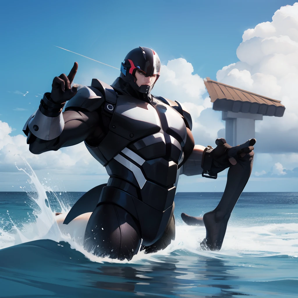 there is a man laying on a surfboard in the water, commission for high res, male art, sfw version, anthropomorphic shark, at the beach, muscular!!, shark man, swimsuit, muscular!, relaxing at the beach, gigachad muscular, in the beach, rippling muscles, muscular character, realistic bikini, male robotic anthro dolphin, commission