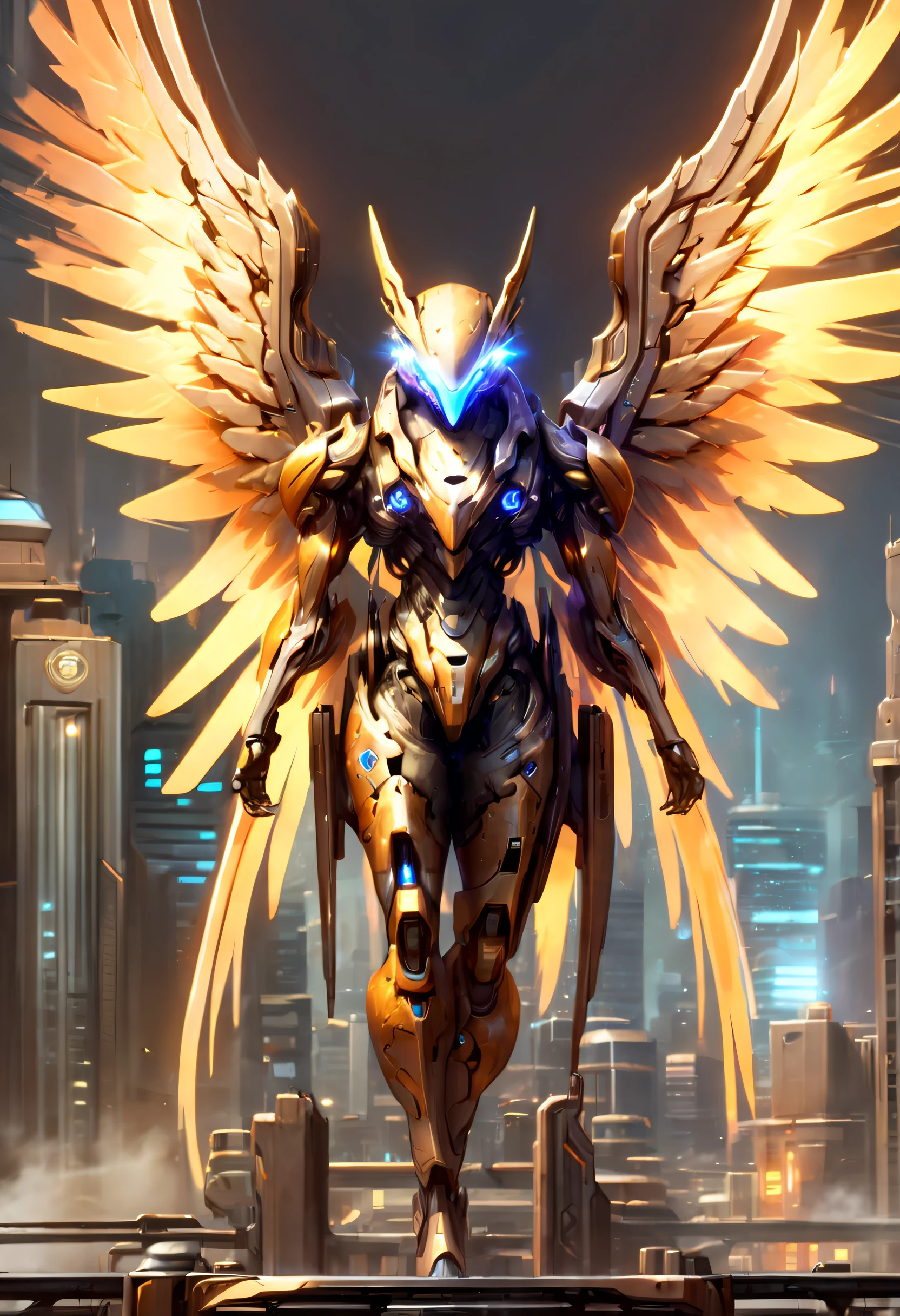 Masterpiece, (Best Quality), (Ultra Detailed), (Hyperrealism: 1.2), Landscape, Sci-Fi, Transistor Punk, Cyberpunk, Biopunk, (Gray, White), Male Giant Robot, Sun hat, Earrings, Back Mechanical Angel Wings, Angel Wings, Future Town, Dynamic Pose, Dynamic Angle, Luxury, (Gold, Silver, Green),