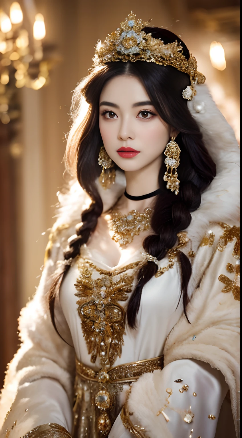 （（best qualtiy，8K，tmasterpiece：1.3，full body detailing，Photographic grade））， Costumes worn by ancient princesses in winter，Usually full of ornate and elegant details，Keep their image warm and noble。This is how ancient princesses looked in winter clothes、Description of makeup and costume details：

Clothing appearance：
The winter clothes of ancient princesses are designed to be exquisite and gorgeous，Usually made of silk、vellus hair、Made of expensive materials，Like damask  。They often wear robes or long skirts，Cover the whole body to keep warm。These garments often present ornate embroidery、Gold and silver thread decoration and delicate embroidery，to show their nobility。Princesses also liked to wear fur shawls or Romanesque cloaks，These reinforce their majesty and mature image。

Makeup：
The makeup of ancient princesses focuses on sophistication and luster，Usually based on fair skin。They often wear light makeup，Highlight the contours of the eyes and lips，And use cosmetics containing pearlescent or gold elements to enhance the radiance of the face。Red lipstick and pink blush are often used to add a touch of glamour and vibrancy to their makeup。

Clothing details：
The details of the princess's costume show luxury and sophistication。They often wear valuable jewelry，For example, choker necklace、Earrings and bracelets，These jewels are usually made of gemstones、Made of pearls or precious metals。Ornaments often reflect their status and family heritage。

Clothing details are also important。Princess costumes often have ornate embroidery、Lace、Metal accents or beaded accents。They often wear wide sleeves、Streamlined or loose coat，Tunic treatment is performed on the waist，Accentuate elegant curves。The skirt may have multiple layers of fluffy yarn or pleats，Increase volume and romance。

generally，Ancient princess winter dress look、The makeup and costume details are full of gorgeous and romantic elements，Show their nobility and noble status。