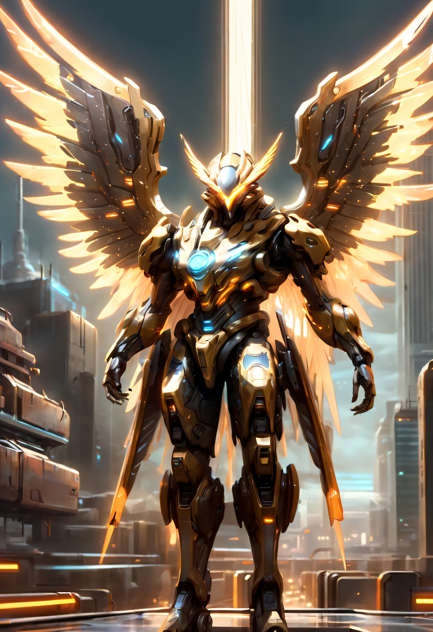 Translucent ethereal mechanical phoenix，Futuristic Phoenix，Mechanical wings，futuristic urban background，Beautiful sci-fi art, Science-fi digital art illustration, Digital cyberpunk art, science fiction digital painting, futuristic digital painting, futuristic concept art, in front of a sci fi cityscape, science fiction digital art, Advanced digital cyberpunk art, Fantastic cyberpunk phoenix