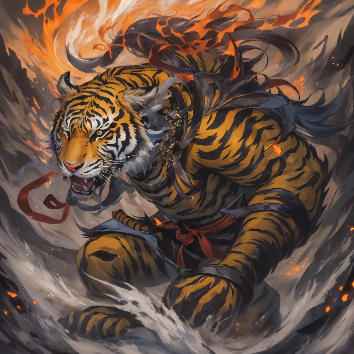 Night Tiger Demon 32K，Phoenix Immortal Demon Realm, Chance encounter with Liu Hanshu, He saw in him his former self, It was decided to take him as an apprentice, Teach him how to protect himself, But because of the Tibetan star map, Phoenix and the Liu family、The Jade Sword Sect establishes relationships, It opens with the death of Liu Hanshu, Qin Yu embarked on the road of confrontation with a strong enemy, Working hard, Make yourself stronger, Stick to your own core path of justice, （Tiger demon）eyes filled with angry，The monitor lizard clenched its fists，Rush up，Deliver a fatal blow to your opponent，full bodyesbian，Full body Night Tiger Demon Male Mage 32K（Masterpiece Canyon Ultra HD）Night Tiger Demon（canyons）Climb the streets， The scene of the explosion（canyons）， （Night）， The angry fighting stance of the Night Tiger Demon， looking at the ground， Batik linen bandana， Chinese python pattern long-sleeved garment， canyons（Abstract propylene splash：1.2）， Dark clouds lightning background，Flour flies（realisticlying：1.4），Black color hair，Flour fluttering，rainbow background， A high resolution， the detail， RAW photogr， Sharp Re， Nikon D850 Film Stock Photo by Jefferies Lee 4 Kodak Portra 400 Camera F1.6 shots, Rich colors, ultra-realistic vivid textures, Dramatic lighting, Unreal Engine Art Station Trend, cinestir 800，Flowing black hair,（（（Jungle Canyon）））The wounded lined up in the streets（vale）Climb the streets，Movie master real-time image quality（tmasterpiece，k hd，hyper HD，32K）Night Tiger Demon（Linen batik scarf）， Combat posture， looking at the ground， Linen bandana， Chinese night tiger demon pattern long-sleeved clothing，Night Tiger Demon（Abstract gouache splash：1.2）， Dark clouds lightning background，sprinkling