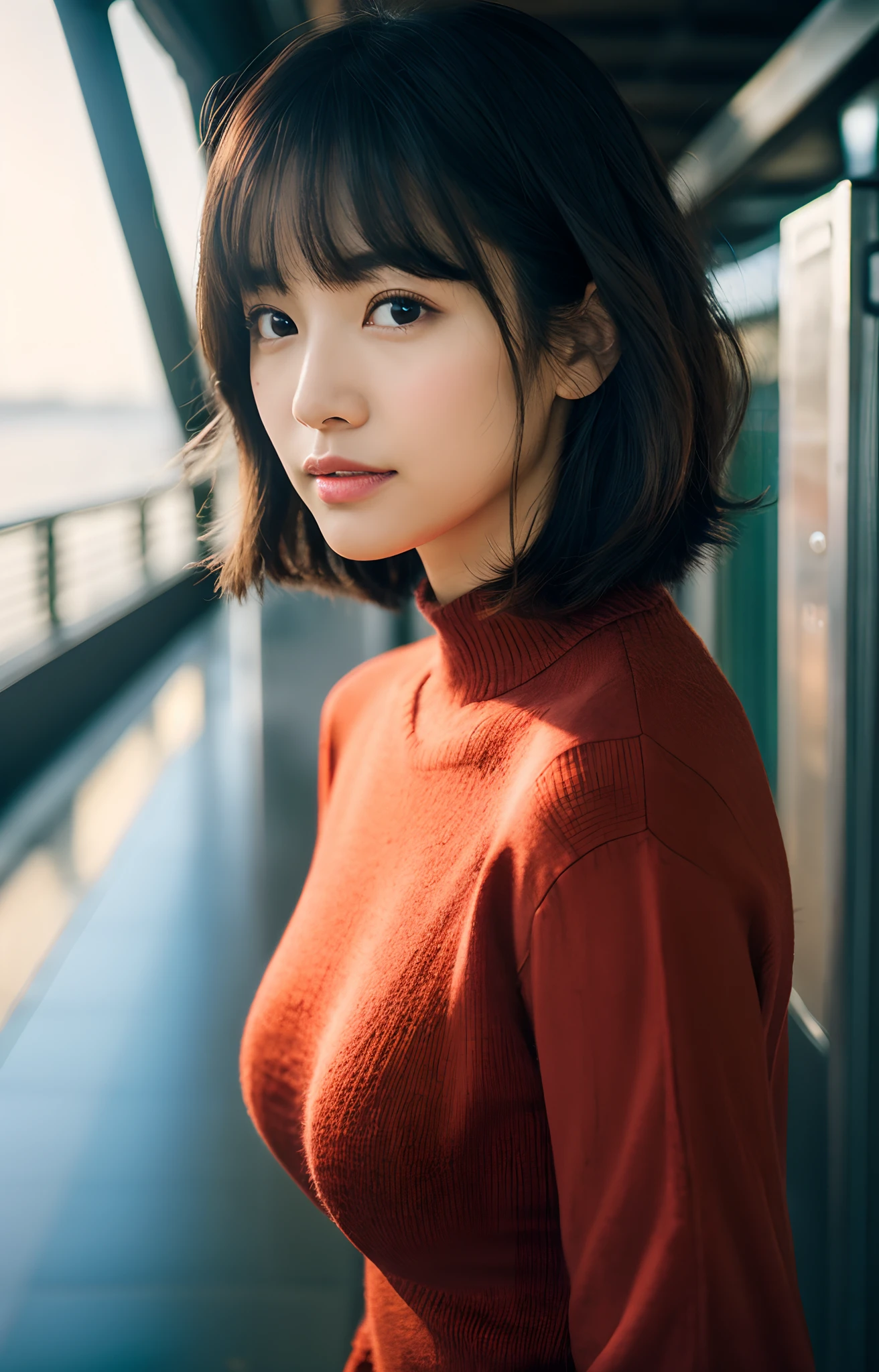 8K、top-quality、masterpiece、超A high resolution、a picture、Beautiful Japan female elegance、There is a good、Transparent atmosphere、sexy lip、oblique bangs、Beautiful face、Very short、short-cut、short-hair、Putting hair together、Making bangs、smil、chubby lips、natural soft light、1girl in、de pele branca、Look into the distance、Duck mouth、Hanging eyes、Thin thin eyebrows、Brown-eyed、tall、a large bust、the shape of the breast is clearly visible、pureerosface、cowboy shot、a necklace、wrist watch、24 year old、Wine red color、Crimson knitwear、V-neck knit T-shirt、cashmere、long-sleeve、High Stretch、Physically fit、Calm fashion、Tight、Futomo、escalators、Whip body、scarlet、VNeck knit、long-sleeve、Breasts are big