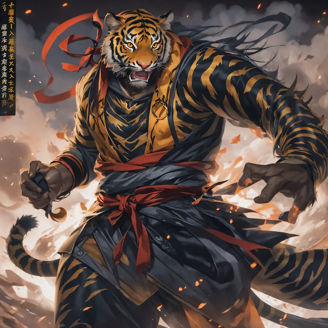 Night Tiger Demon 32K,Phoenix Immortal Demon Realm, Chance encounter with Liu Hanshu, He saw in him his former self, It was decided to take him as an apprentice, Teach him how to protect himself, But because of the Tibetan star map, Phoenix and the Liu family、The Jade Sword Sect establishes relationships, It opens with the death of Liu Hanshu, Qin Yu embarked on the road of confrontation with a strong enemy, Working hard, Make yourself stronger, Stick to your own core path of justice, (Tiger demon)eyes filled with angry,The monitor lizard clenched its fists,Rush up,Deliver a fatal blow to your opponent,full bodyesbian,Full body Night Tiger Demon Male Mage 32K(Masterpiece Canyon Ultra HD)Night Tiger Demon(canyons)Climb the streets, The scene of the explosion(canyons), (Night), The angry fighting stance of the Night Tiger Demon, looking at the ground, Batik linen bandana, Chinese python pattern long-sleeved garment, canyons(Abstract propylene splash:1.2), Dark clouds lightning background,Flour flies(realisticlying:1.4),Black color hair,Flour fluttering,rainbow background, A high resolution, the detail, RAW photogr, Sharp Re, Nikon D850 Film Stock Photo by Jefferies Lee 4 Kodak Portra 400 Camera F1.6 shots, Rich colors, ultra-realistic vivid textures, Dramatic lighting, Unreal Engine Art Station Trend, cinestir 800,Flowing black hair,(((Jungle Canyon)))The wounded lined up in the streets(vale)Climb the streets,Movie master real-time image quality(tmasterpiece,k hd,hyper HD,32K)Night Tiger Demon(Linen batik scarf), Combat posture, looking at the ground, Linen bandana, Chinese night tiger demon pattern long-sleeved clothing,Night Tiger Demon(Abstract gouache splash:1.2), Dark clouds lightning background,sprinkling