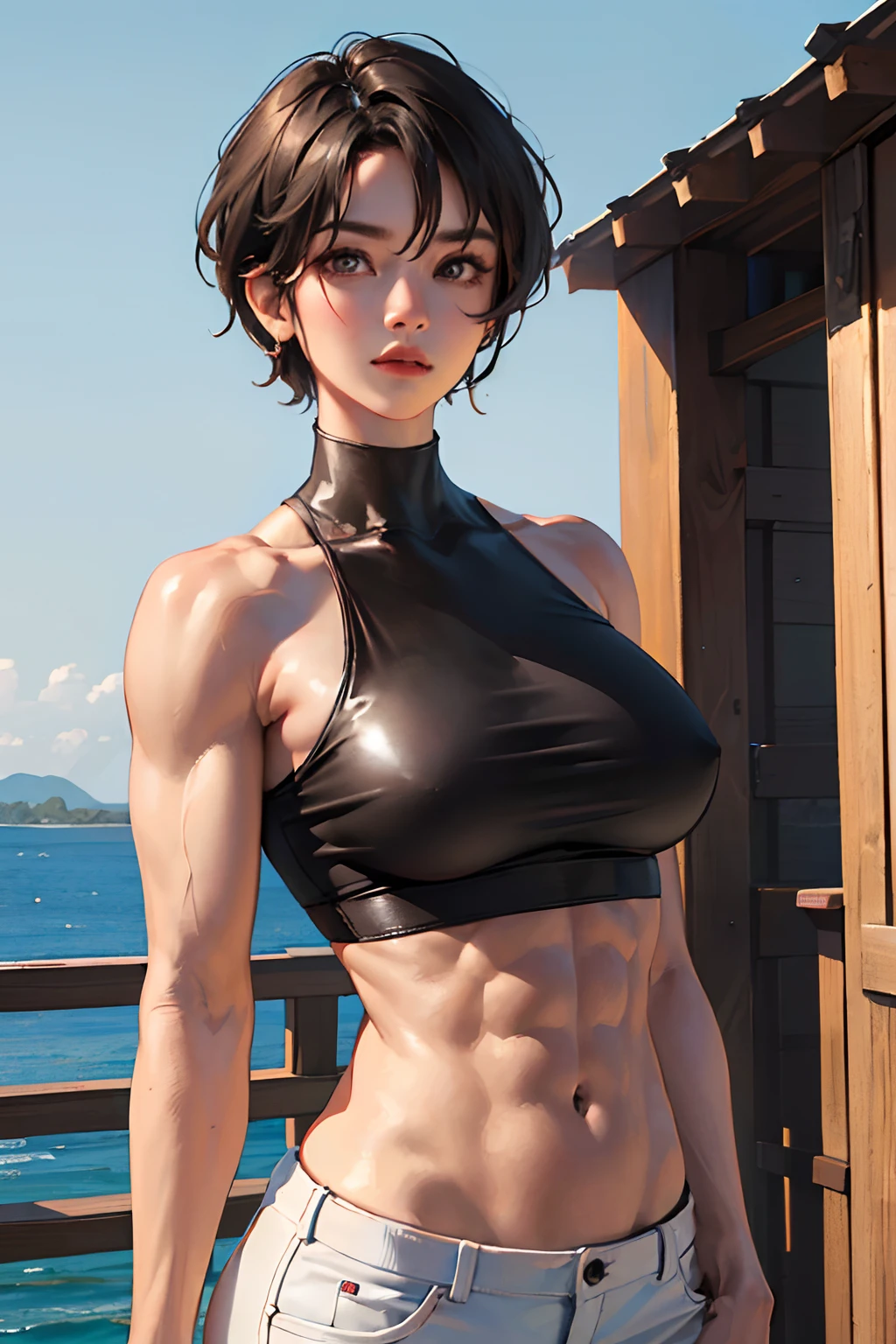 (best quality,4k,8k,highres,masterpiece:1.2),ultra-detailed, 1 women, handsome woman with black short hair, wearing a crop shirt, toned muscles, a muscular body with six packs, medium-sized breasts, and showing off her biceps.