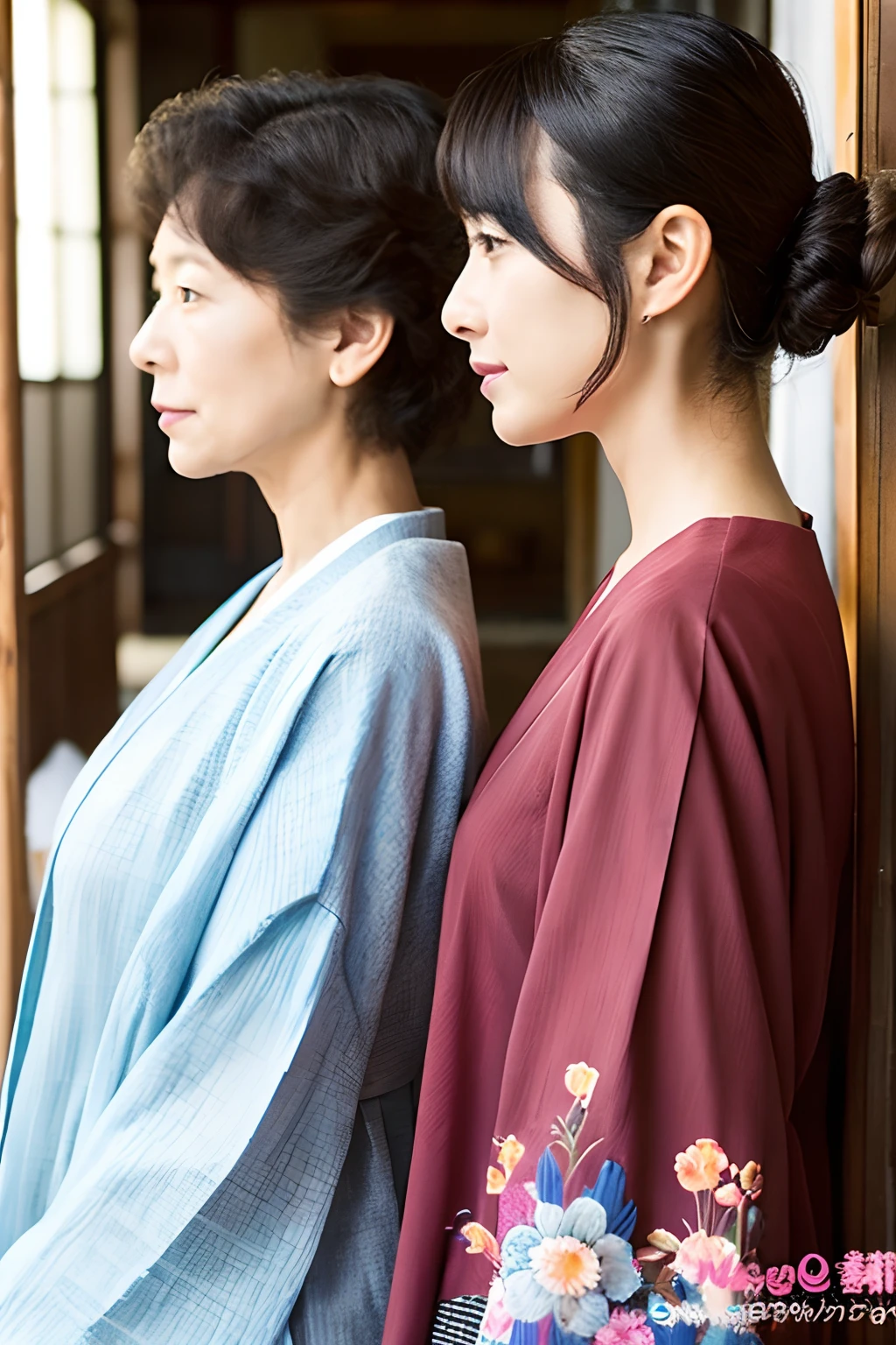 Two women in their 40s、Wear neat and clean Japanese clothes、Hair is up、Beautiful nape、Beautiful shoulders、shot from a lower angle
