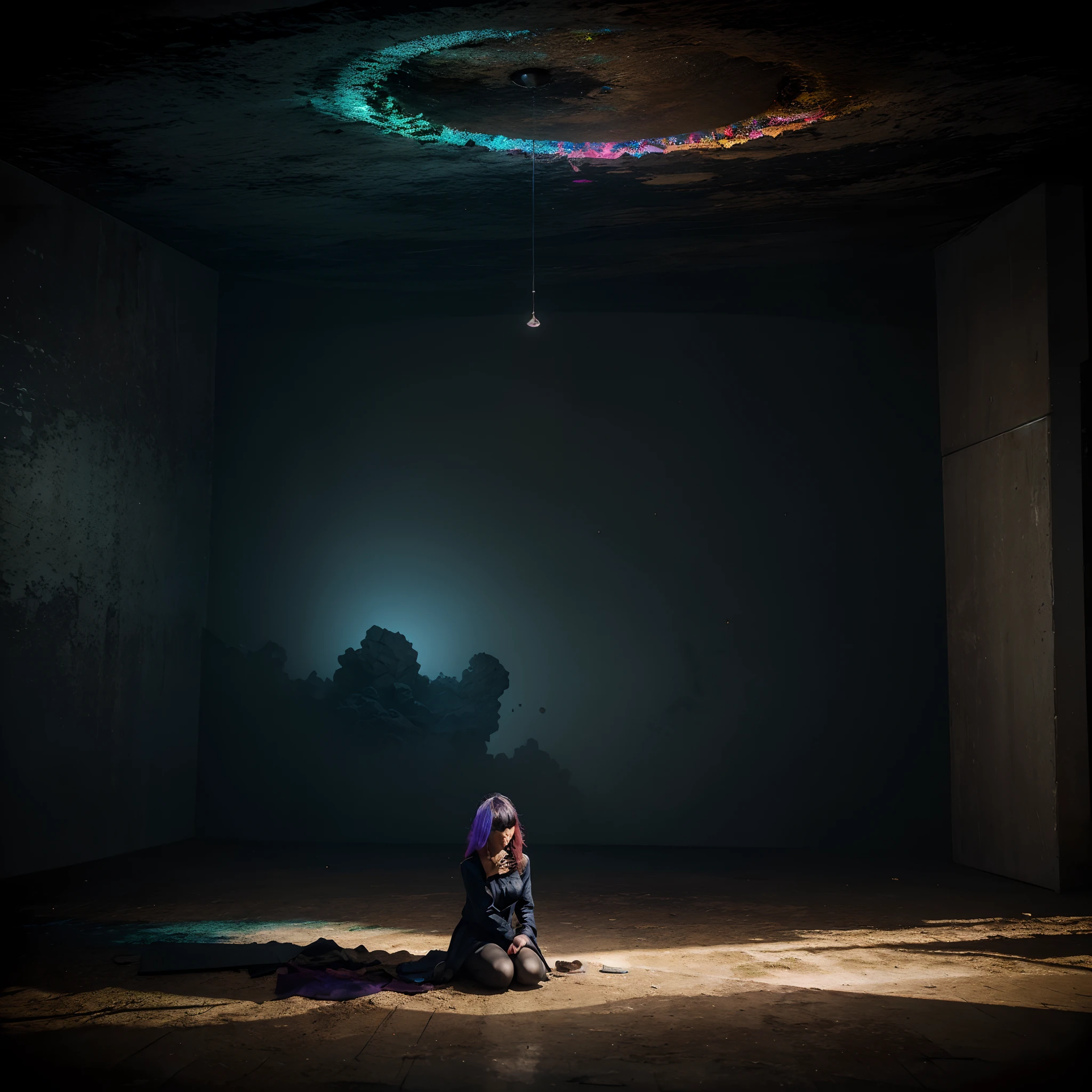 "A sad place in the middle of the space, filled with vibrant colors, intense lighting, surreal elements, and a touch of fantasy. The atmosphere is dreamlike, with objects that defy reality and evoke a sense of melancholy. The materials used for the artwork are a combination of digital illustration, 3D rendering, and photography, resulting in a visually stunning and immersive experience. The image quality is exceptionally high, with ultra-fine details and realistic textures. The art style combines elements of abstract and surrealism, creating a unique and thought-provoking composition. The color tone is rich and diverse, with a wide range of vibrant hues that enhance the emotional impact of the scene. The lighting is dramatic and evocative, casting strong shadows and emphasizing the overall mood of sadness and longing."