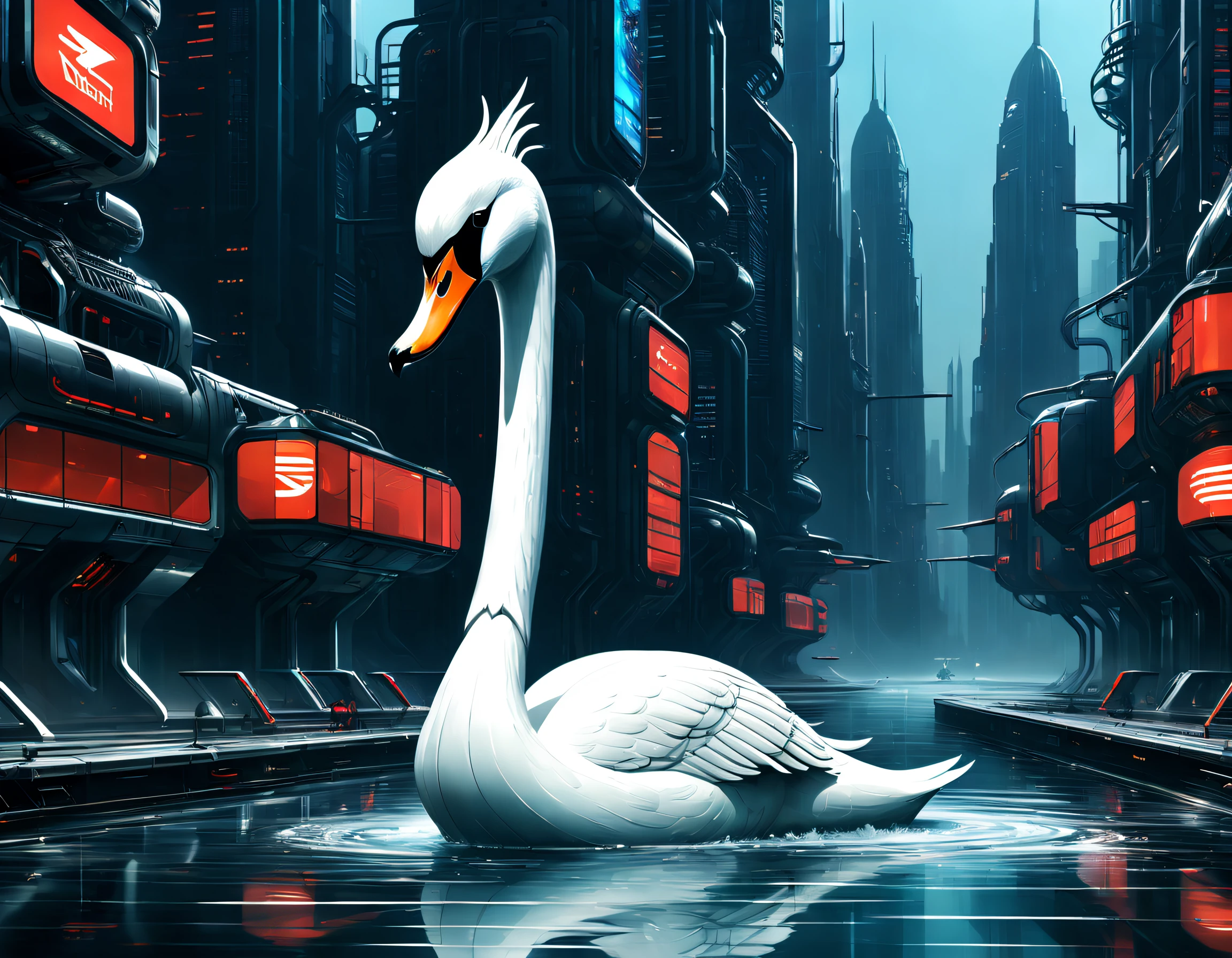Metal mechanical swan in water，Futuristic metal swan，Mechanical swan swimming，The swan is made entirely of small metal parts，Detailed mechanical wing,Metal feathers,Precise and complex design,Ultra-fine texture,Shiny steel body,futuristic urban background，Beautiful sci-fi art, Science-fi digital art illustration, Digital cyberpunk art, science fiction digital painting, futuristic digital painting, futuristic concept art, in front of a sci fi cityscape, science fiction digital art, Advanced digital cyberpunk art, Fantastic cyberpunk swan
