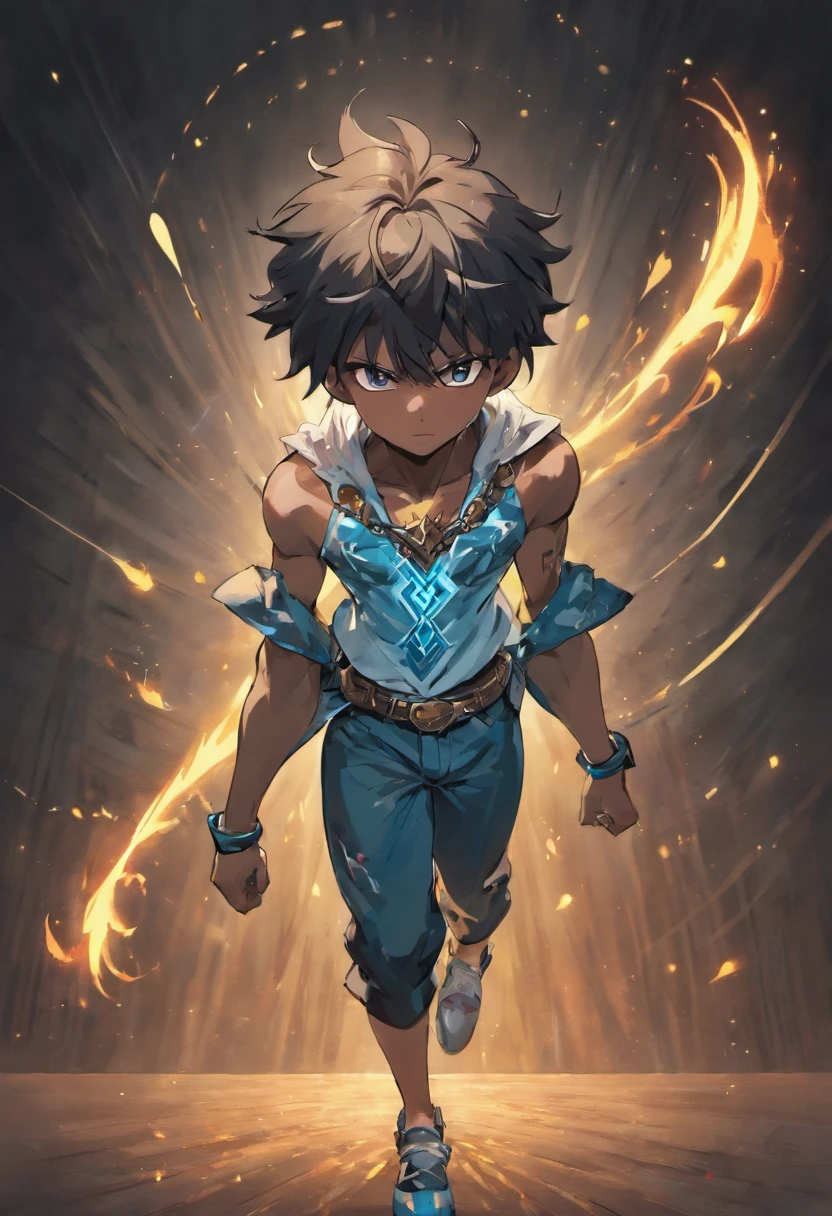1boy, hero, full body, anime, darker skin, big studded blue magic necklace, heavy black paintbrush stroke background, tribal style clothing, fit, shirtless, high quality, tribal tattoo right arm, no wings