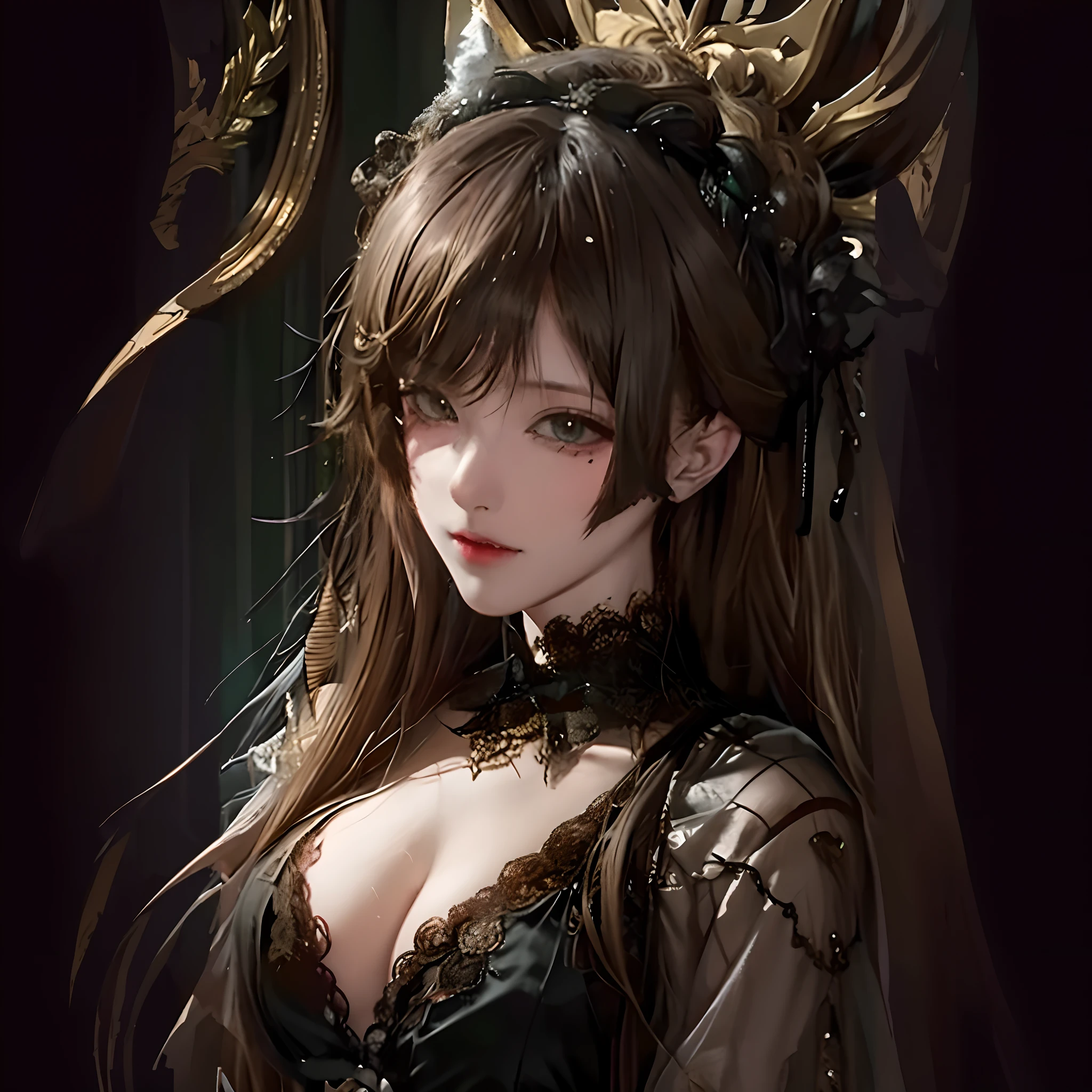 Official Art, Unity 8k wallpaper, super detailed, beautiful, beautiful, masterpiece, best quality, darkness, atmosphere, mystery, romanticism, creepy, literature, art, fashion, victorian, decoration, intricacies, ironwork, lace, contemplation, emotional depth, supernatural, 1 girl, solo, neck, bust composition